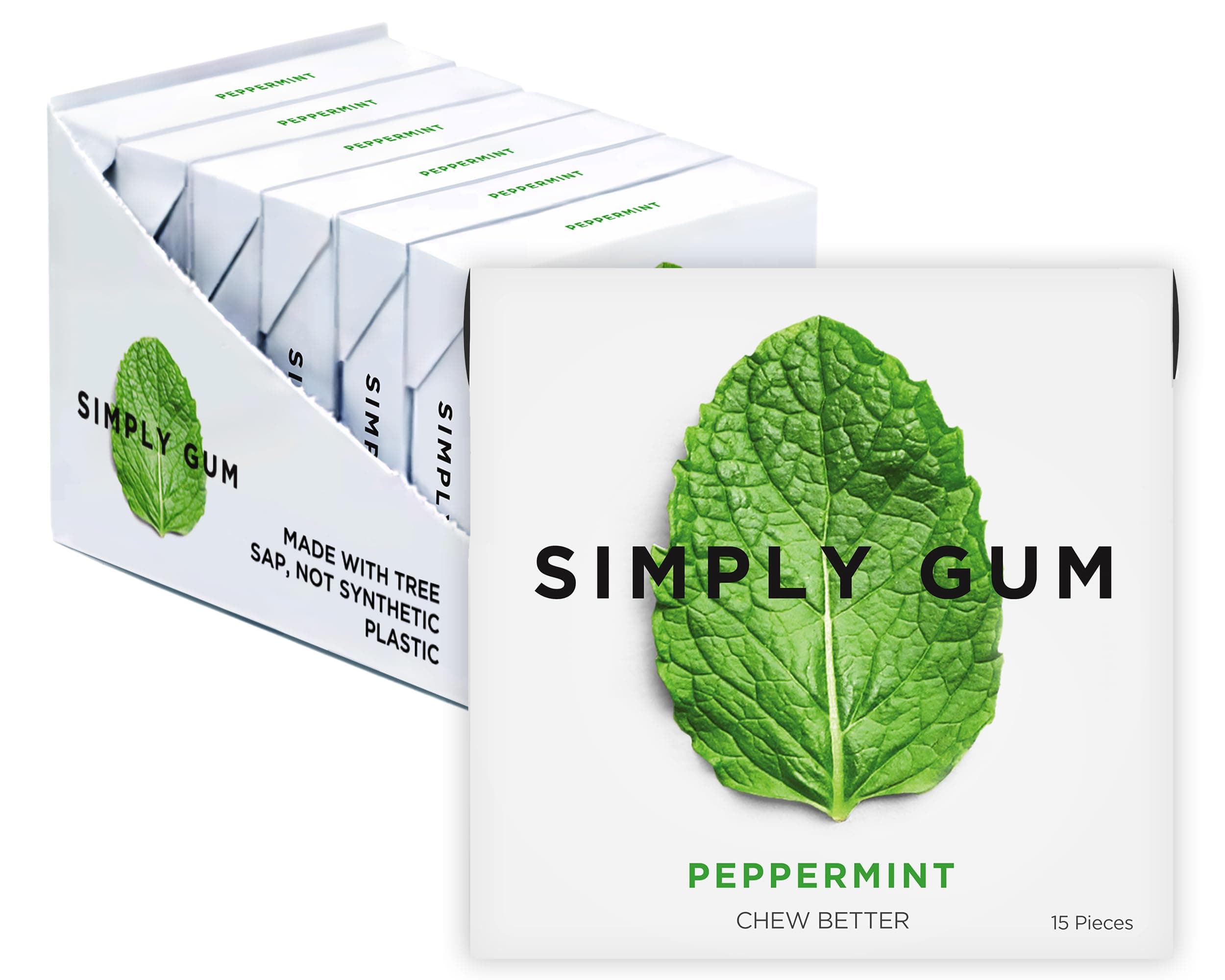 Peppermint, Plastic-Free Natural Chewing Gum, 6 Pack (90 Pieces) | Vegan, Kosher, Non GMO, Aspartame Free and Sorbitol Free