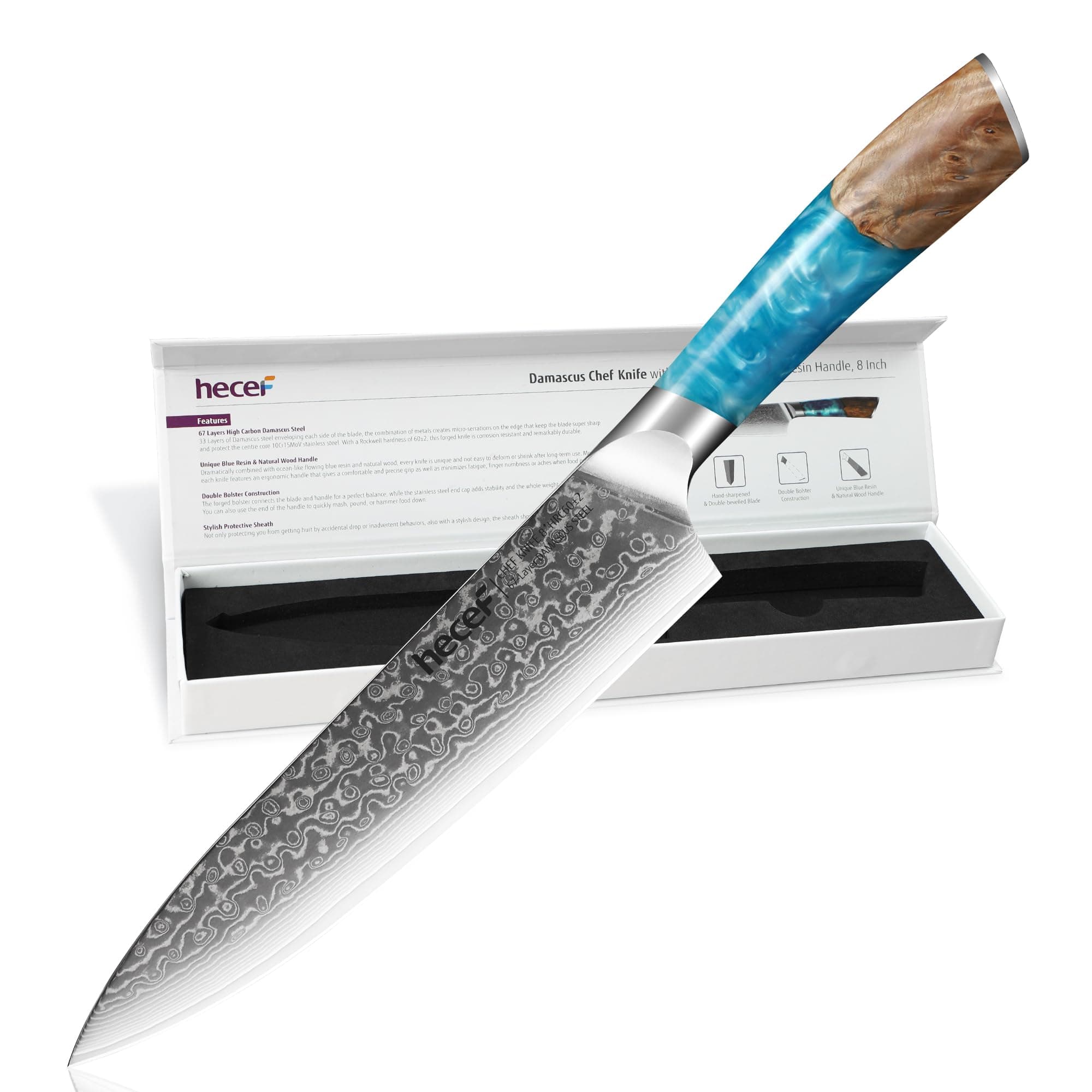 hecef Professional Japanese Chef Knife - Ultra Sharp Damascus Steel, Stylish Blue Resin Handle and Protective ABS Sheath