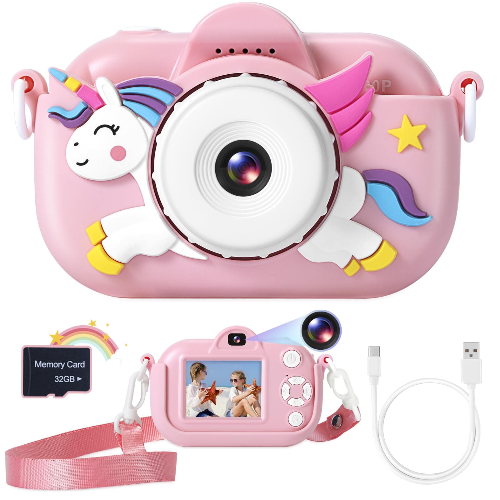 Kids Camera Toys for Girls Age 3-8, Kids Digital Camera Toddler Camera for 3 4 5 6 7 8 Years Old Birthday Gifts, 1080P Video with Cute Protective Cover & 32GB SD Card