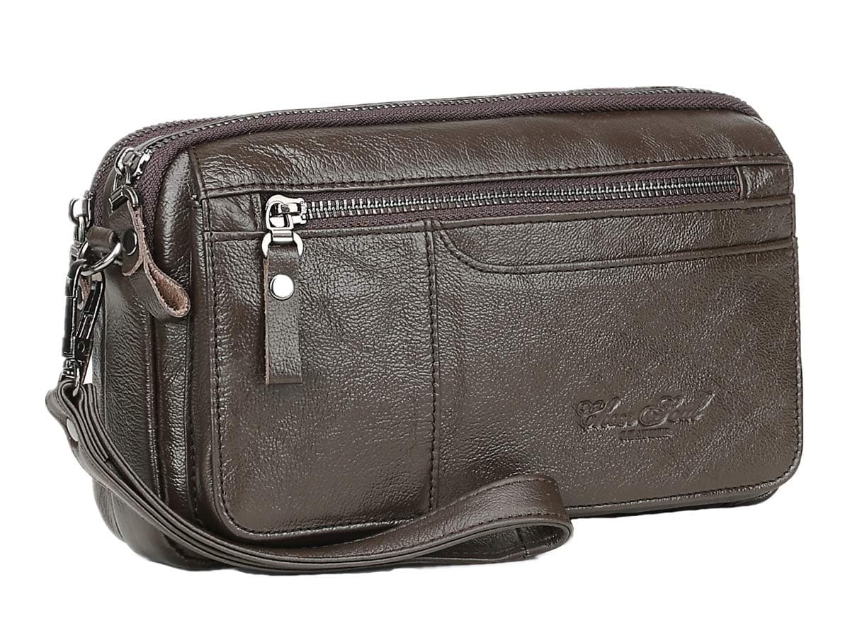 Mens Clutch Bag Handbags Genuine Leather Wallets Business Organizer Purse Phone Holder (Coffee-9)