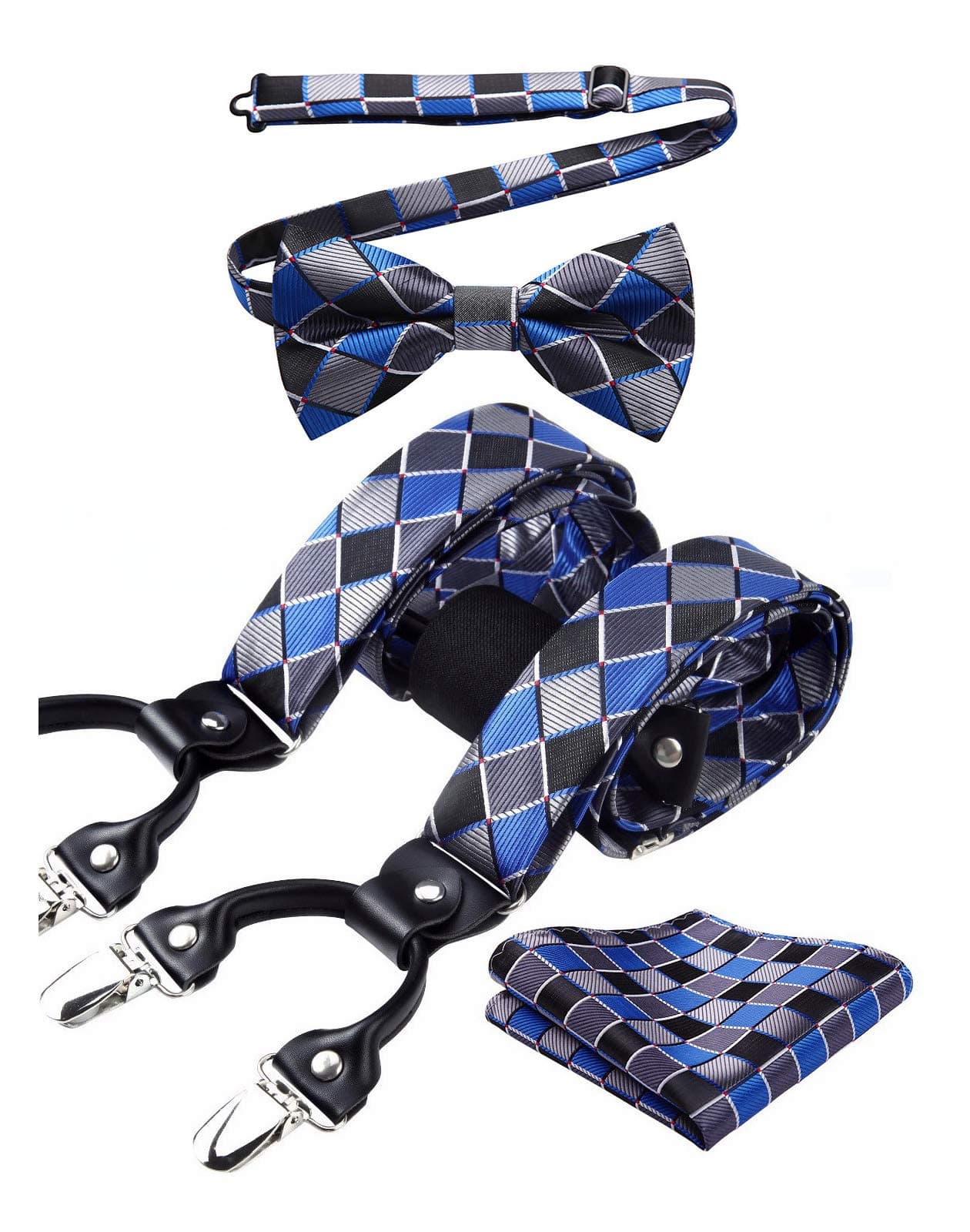 HISDERN Check 6 Clips Suspenders & Pre Tie Bow Tie and Pocket Square Set Y Shape Adjustable Braces