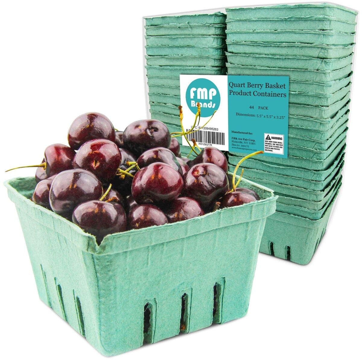 FMP Brands [44 Pack] Quart Green Molded Pulp Fiber Berry Basket Produce Vented Container for Fruit and Vegetable, Farmer Market, Grocery Stores and Backyard Party