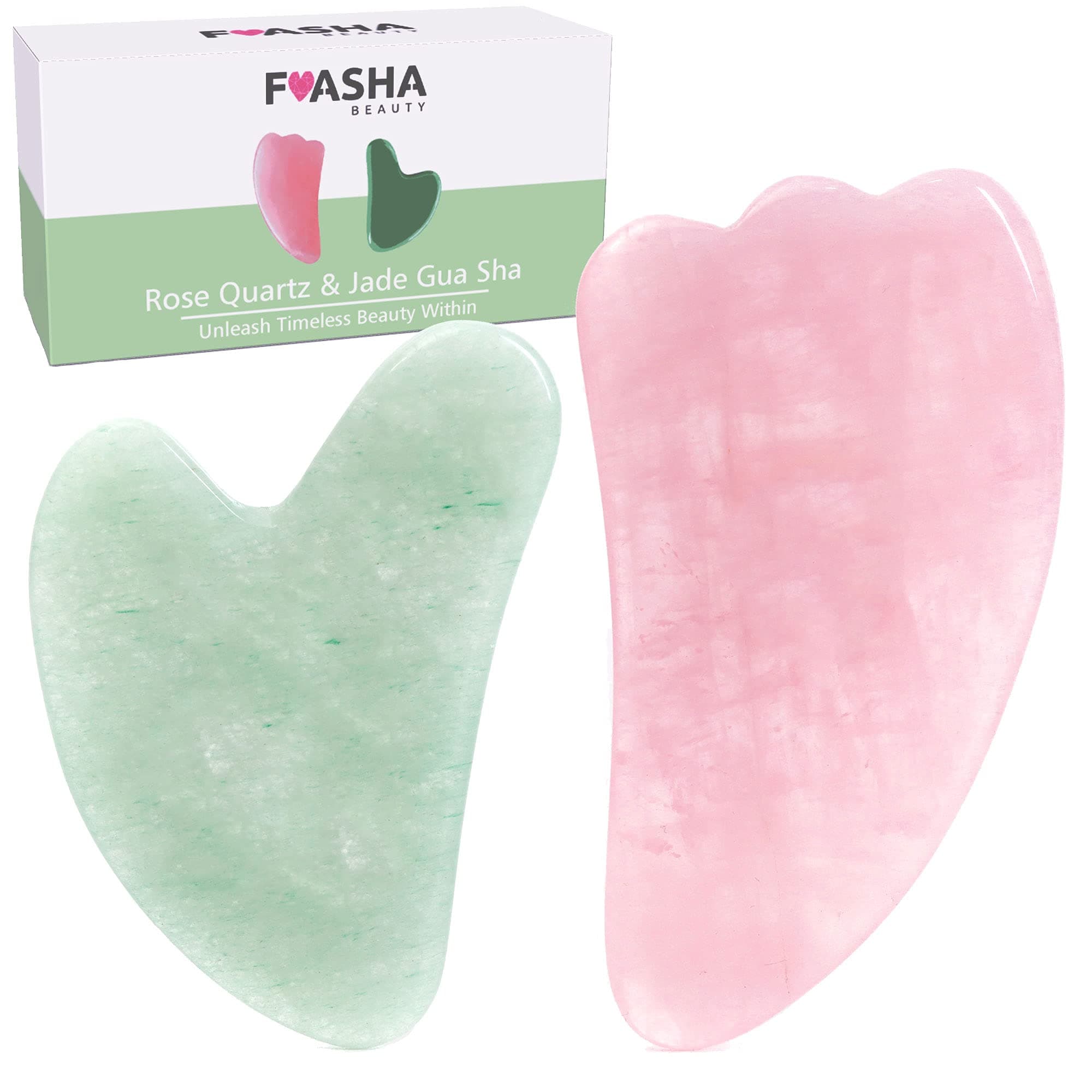 FuashaGua Sha Facial Tools Premium 2-in-1 Jade & Rose Quartz Gua Sha Set - Lymphatic Drainage Scraping Massage Stone - Facial Tools Sculpting Pack - Guasha Tool for Face
