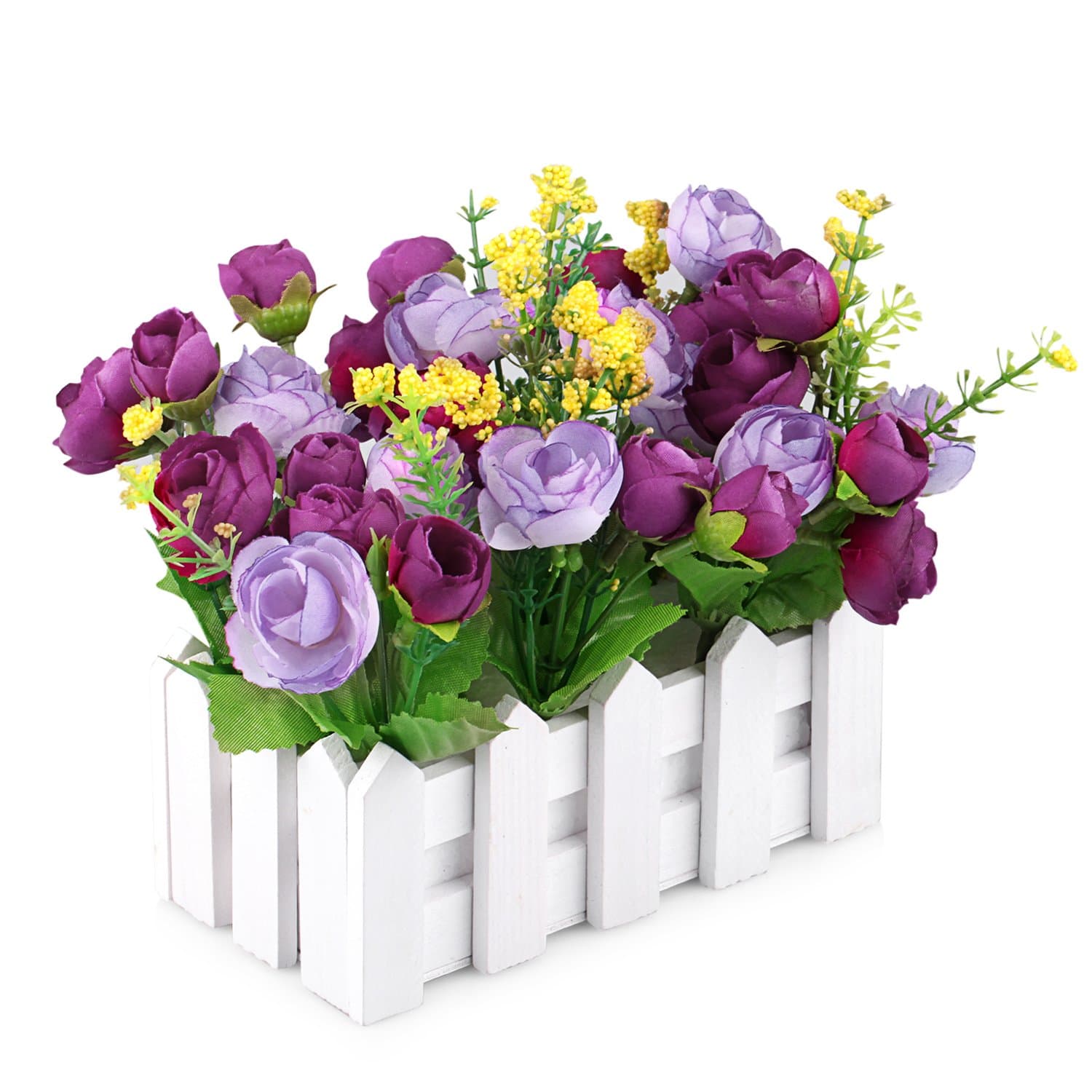 Louis Garden Artificial Flowers Fake Rose in Picket Fence Pot Pack - Mini Potted Plant (Purple)