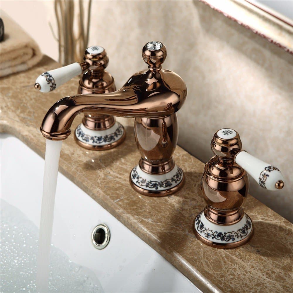 Bathroom Sink Faucet Antique brass rose gold crystal blue and white porcelain double handle three holes ceramic valve hot and cold shower basin faucet