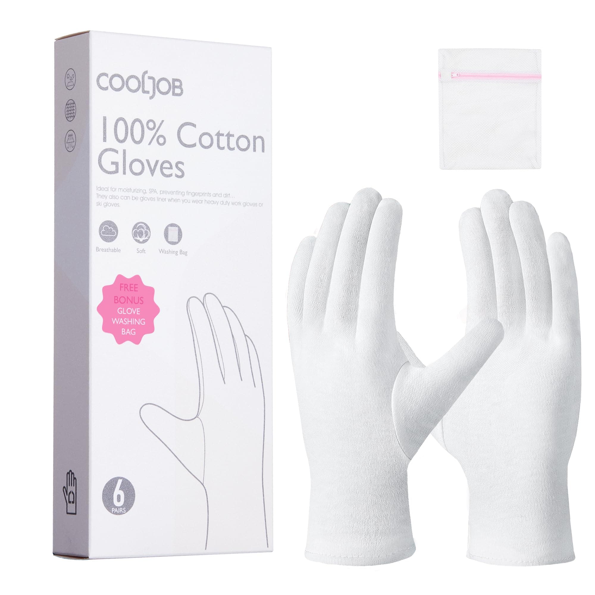 COOLJOB 100% Cotton Gloves, 6 Pairs White Cotton Gloves for Dry Hands Moisturizing & Eczema，Overnight Lotion, Sleep & Spa Treatment for Women & Men，Breathable Work Glove Liners， Large Size