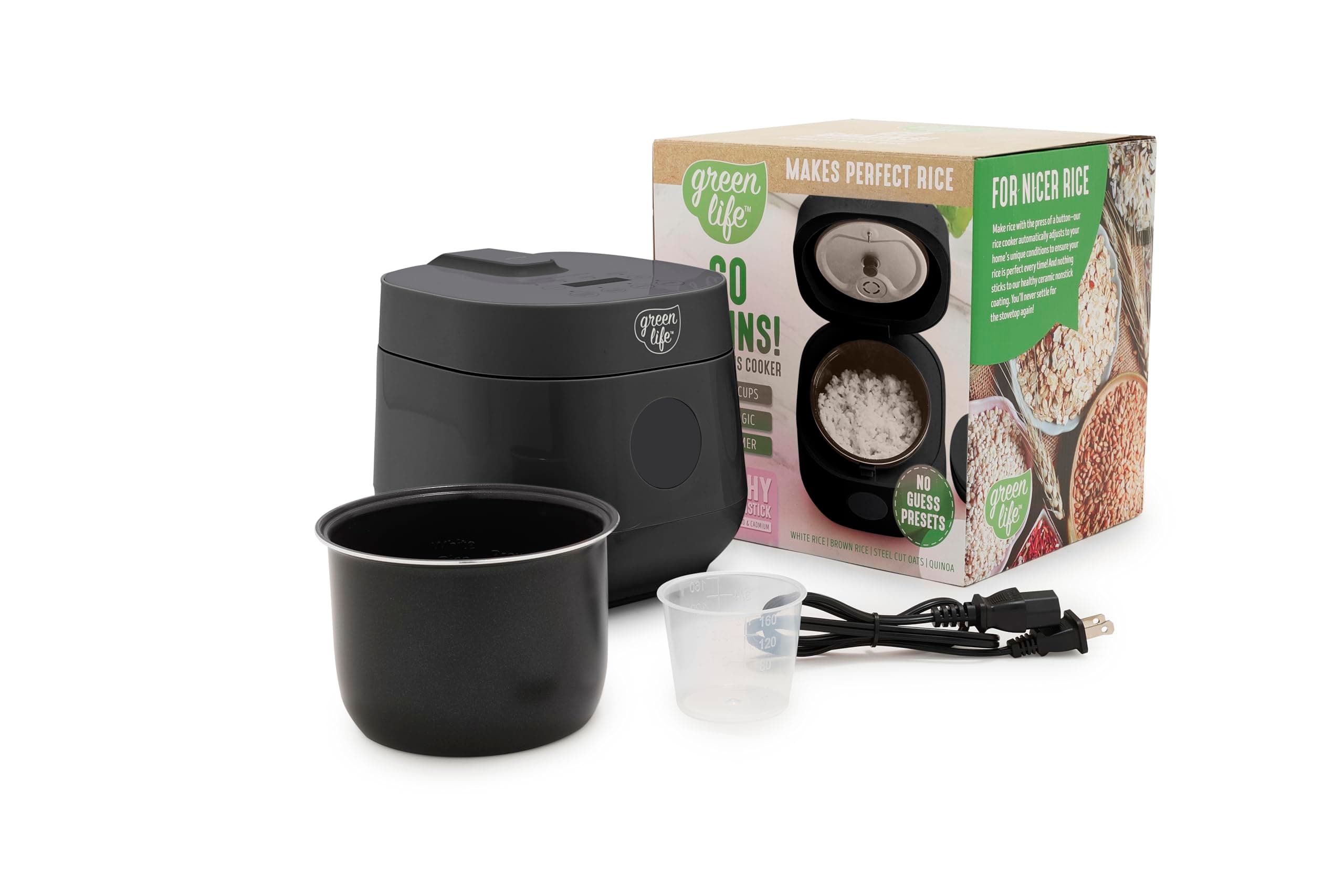 Healthy Ceramic Nonstick 4-Cup Rice Oats and Grains Cooker, PFAS-Free, Dishwasher Safe Parts, Black