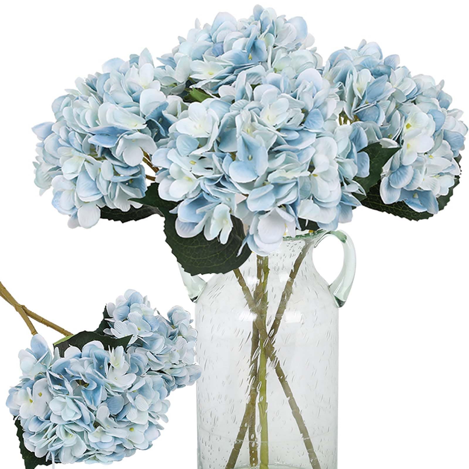 Kisflower Blue Hydrangea Artificial Flowers 6pcs Faux Hydrangea Flowers, Fake Flowers for Table Centerpiece, Blue Silk Hydrangea Flowers with Stems for Home Wedding Party Decor
