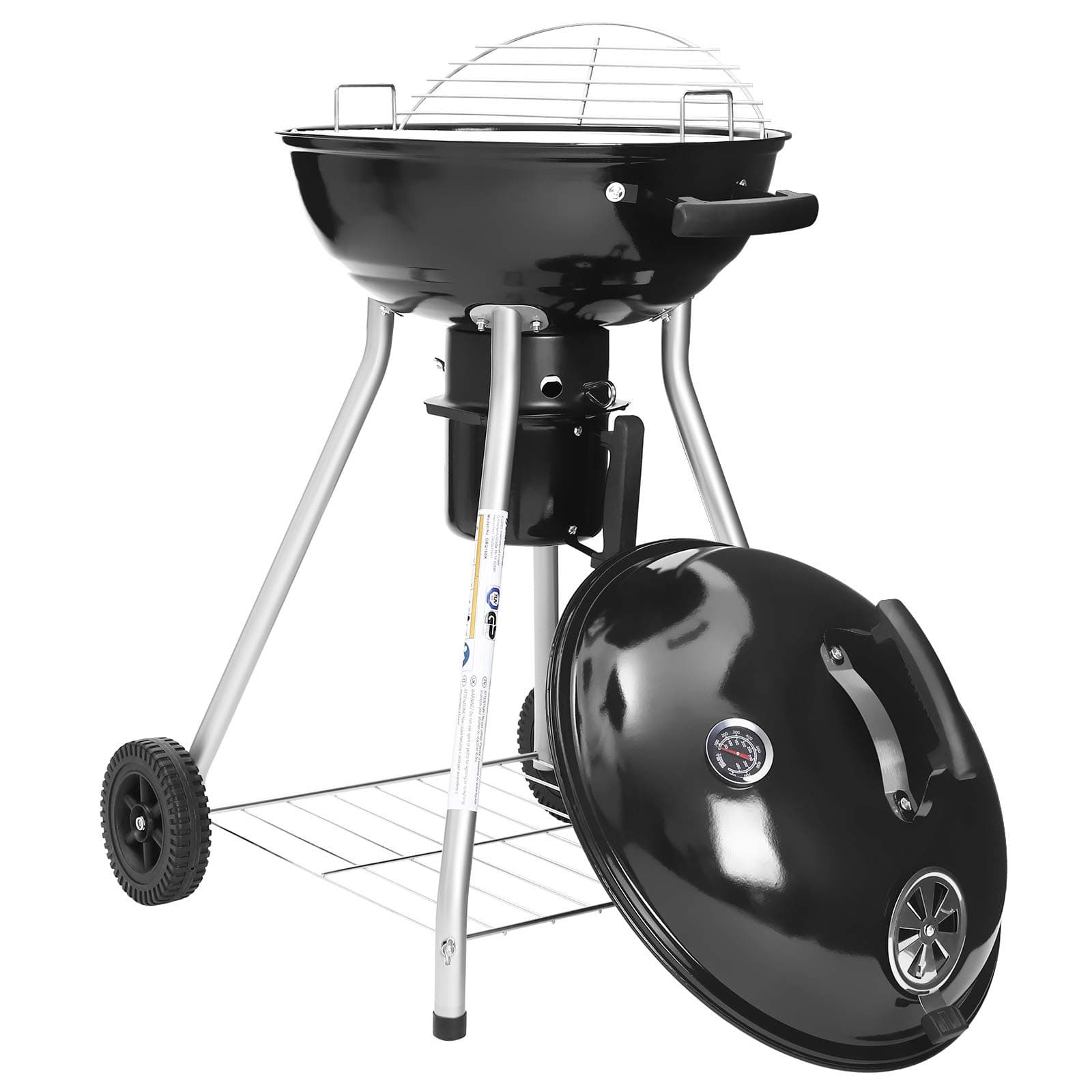 SONGMICS Kettle Barbecue with Lid and Thermometer, Charcoal Grill with 4 Legs and Wheels, Diameter 44 cm, Enamelled Stand Grill with Shelf, Collapsible Grate with Handle, Black GBQ18BKV1