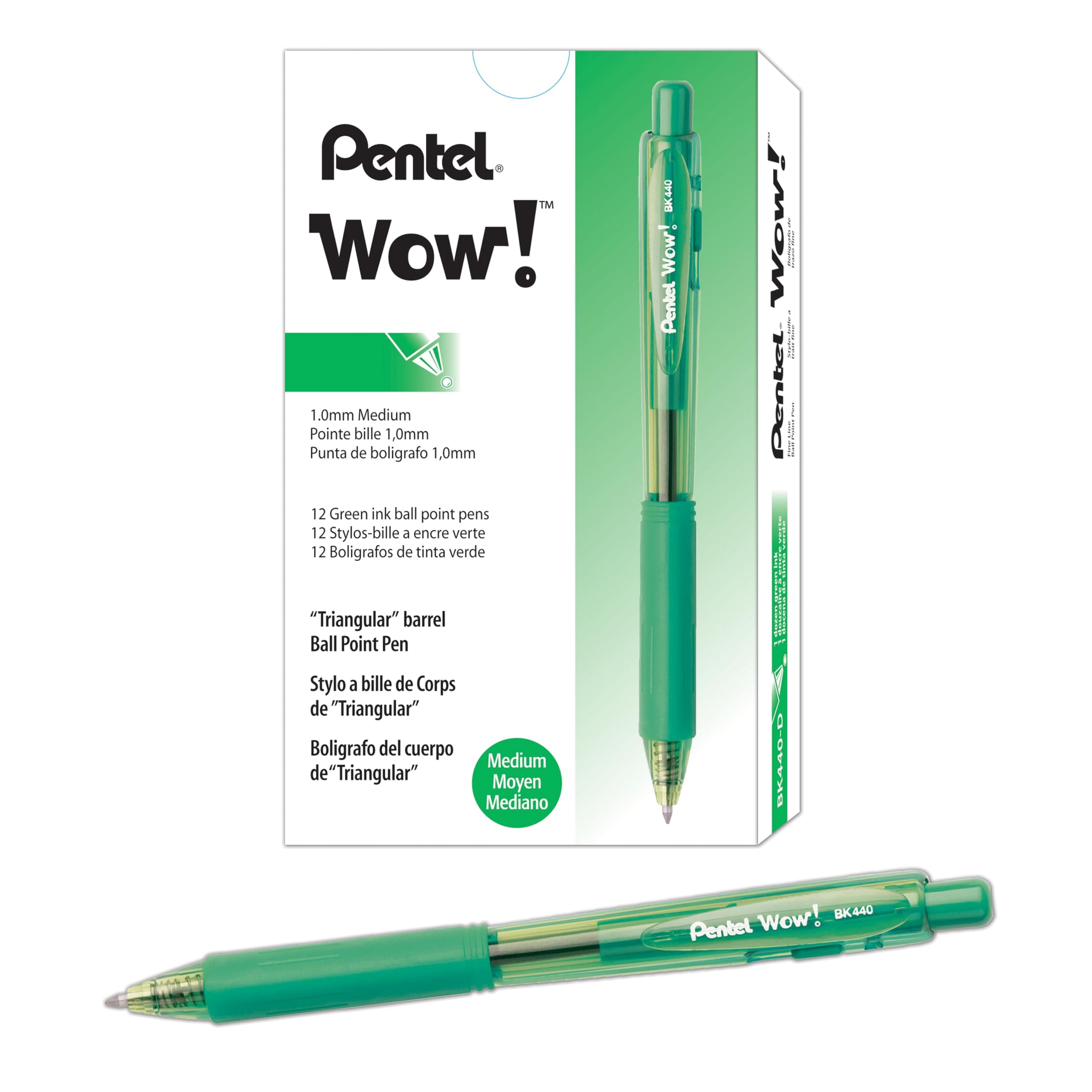 Retractable Ballpoint Pens Medium Line, Green Ink, Box of 12 (BK440-D), Green