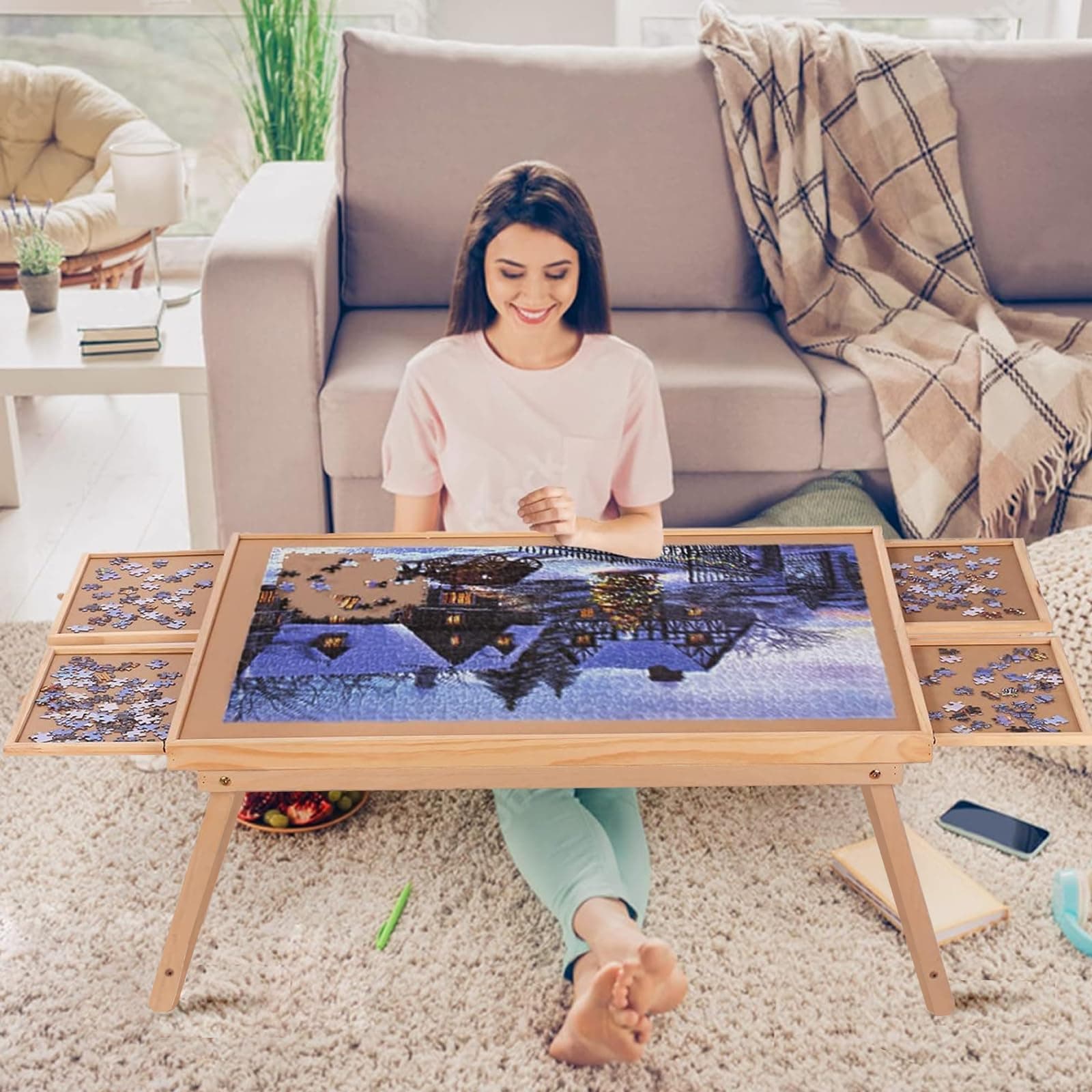 Yacona Puzzle Board 1500 Pieces,34.3”x 26” Jigsaw Puzzle Table with Folding Legs,4 Drawers and Cover,Portable Board Game Table for Adults and Teens with No Installation Required