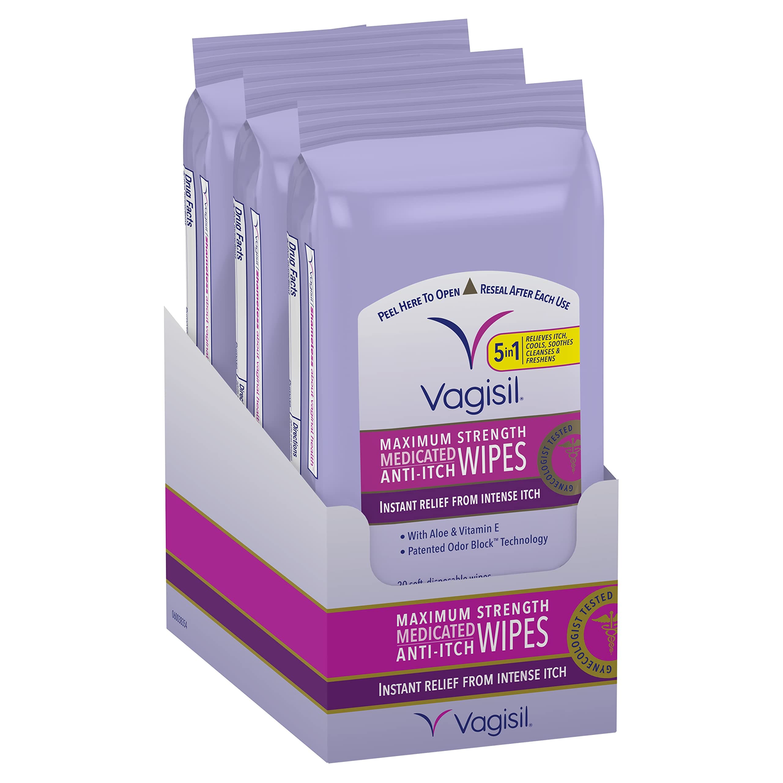 Vagisil Wipes, Anti-Itch Medicated Feminine Vaginal Wipes, Maximum Strength, Instant Relief, 20 Wipes (Pack of 3)