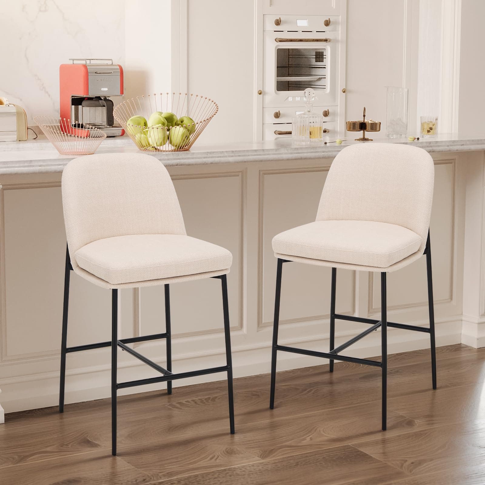COLAMY Counter Height Bar Stools Set of 2, 25 Inch Modern Fabric Kitchen Island Stools with Back, Upholstered Counter Barstools Armless Bar Chairs with Metal Legs for Island Dining Room Bar, Beige