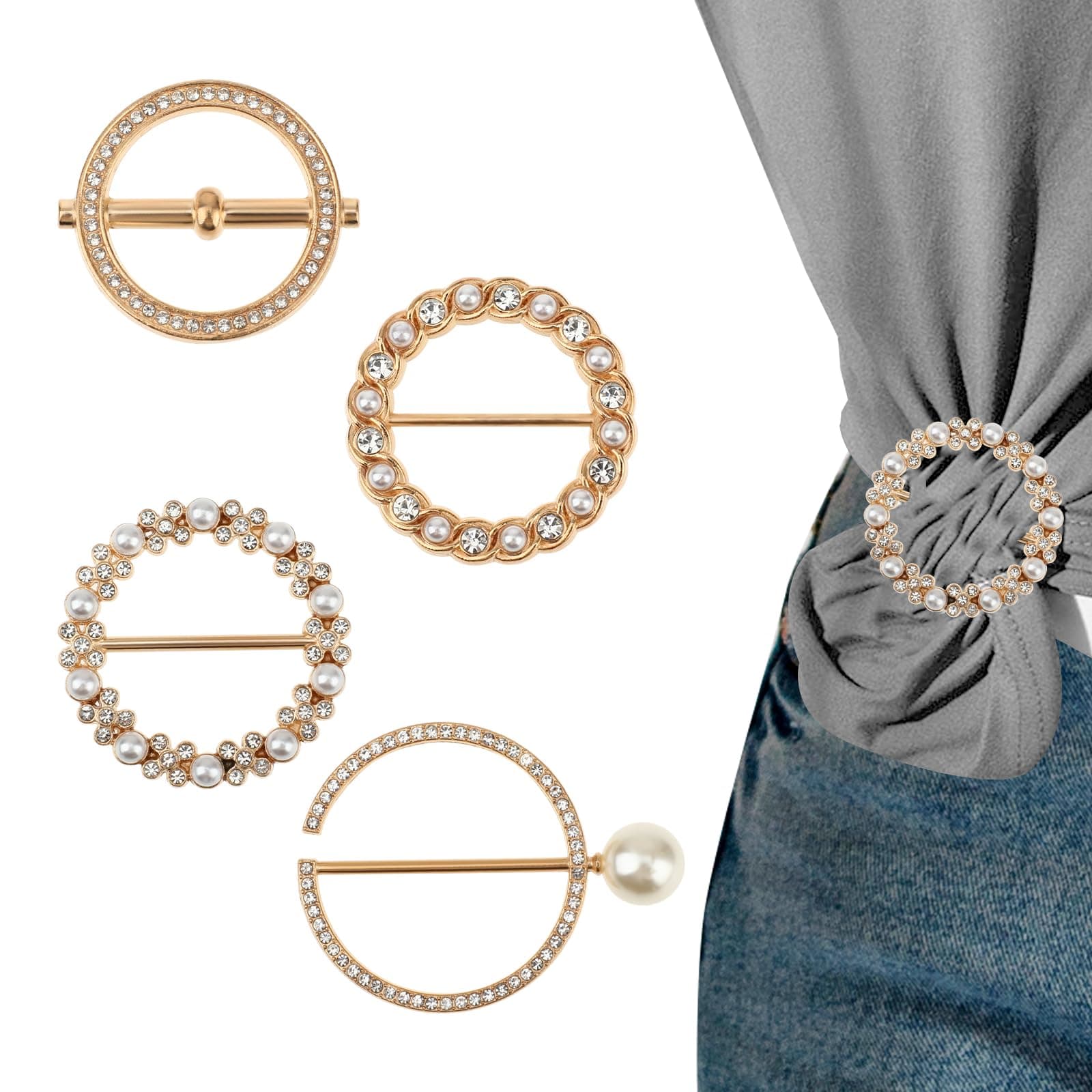 4PCS Scarf Rings Buckle for Women Shirt Clip Gold T-shirt Tie Clips for Women Waist Round Metal Alloy Waist Clip Buckle Twist Tee Knot Ring with Pearl for Clothing Dress Tshirt Cardigan Shawl Belts