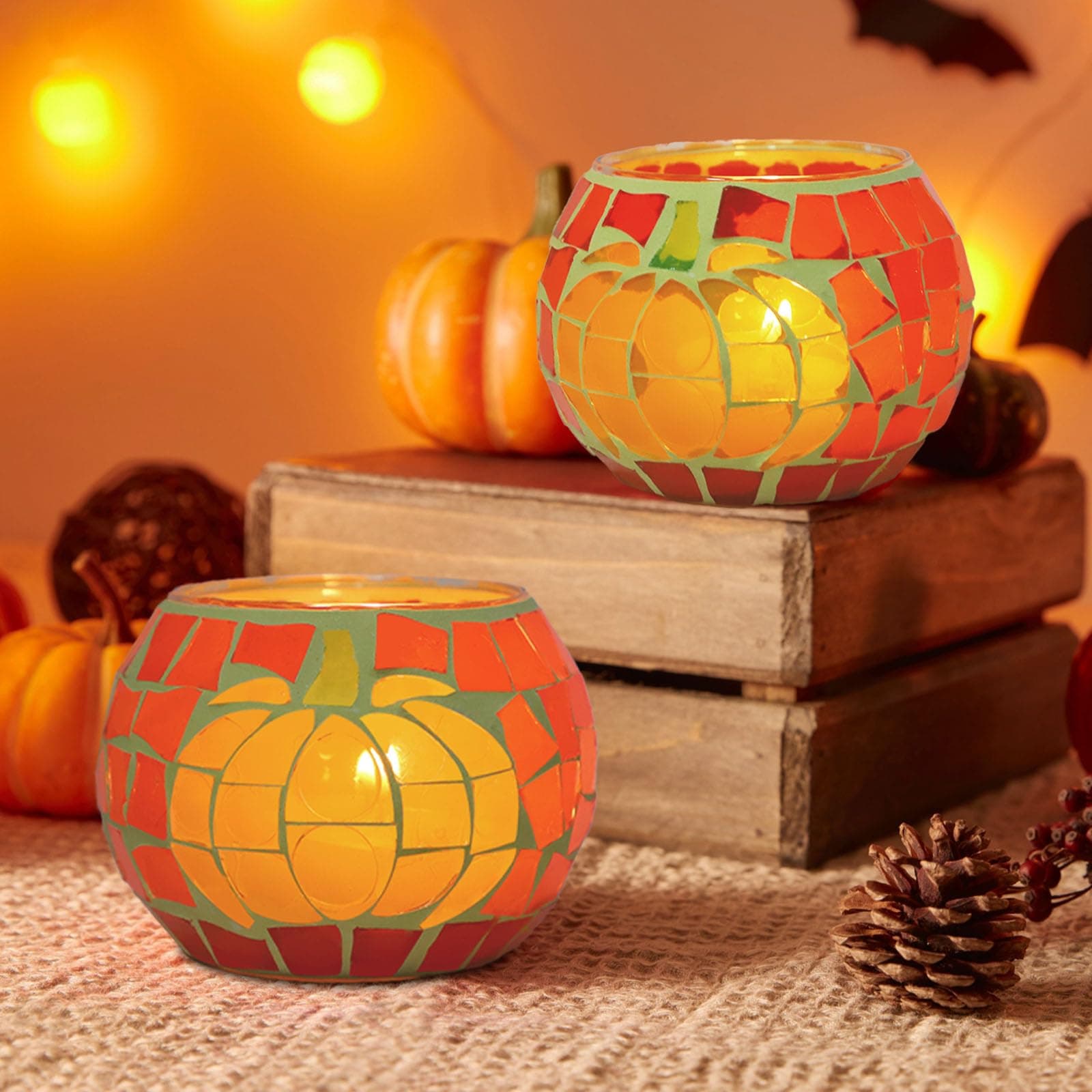 ANALIM4 Pcs Thanksgiving Pumpkin Candle Holders, Pumpkin Mosaic Glass Tealight Candle Holders, Decorative Fall Table Centerpiece Thanksgiving Decorations