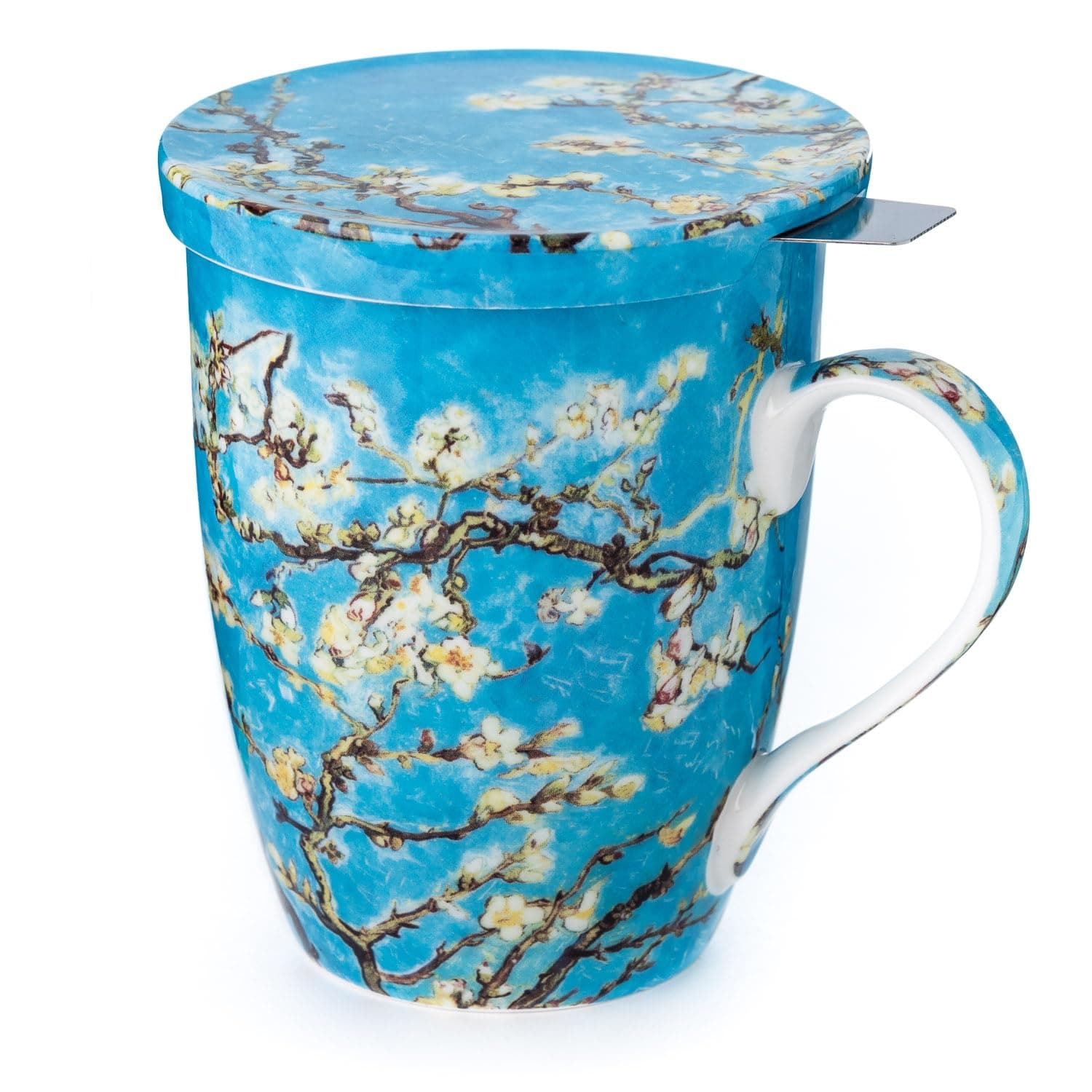 McIntosh Mugs Van Gogh Almond Blossom Fine Bone China (15 oz) Tea Mug with Lid and Infuser in Matching Gift Box