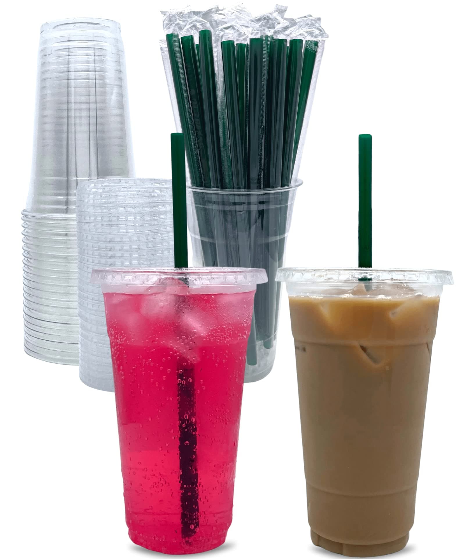 Aatriet [50 Sets] 24 oz Clear Plastic Cups with Lids and STRAWS, Disposable Party Cups for To Go Iced Coffee Cold Drinks, Smoothie, Juice, Parfait, Frappuccino, Milkshake. No Leaking Fruit Cup