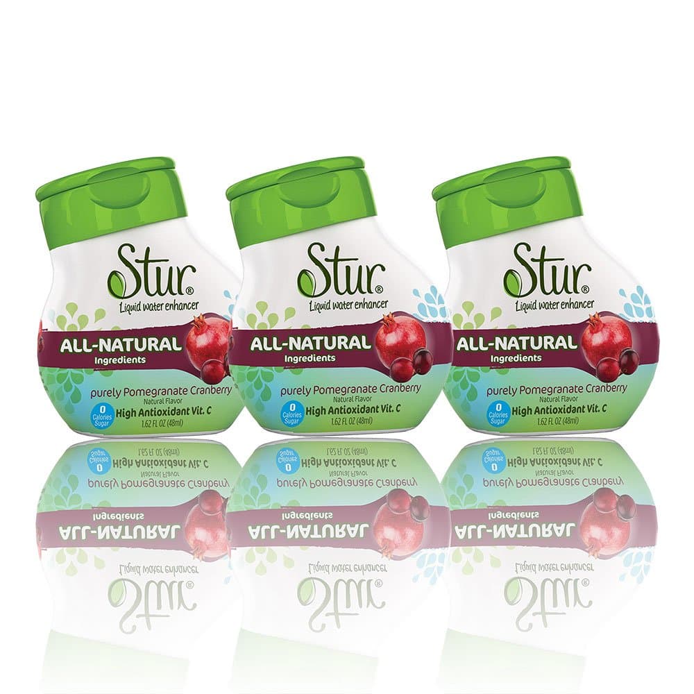 Stur® Purely Pomegranate Cranberry Flavour Trio (Triple Pack - 90 Servings - makes 18 litres of drink) - High in Vitamin C. All Natural Stevia Water Enhancer. The new alternative to Cranberry Juice, Pomegranate Juice, Squash, Cordials and Fruit Juice. No Sugar. Zero Calories. Contains natural Stevia Sweetener. Supports weight-loss. Helps to stay hydrated during Sports and Fitness. Perfect for tap, bottled still or sparking water or Sodastream. Family business committed to nutrition and health.