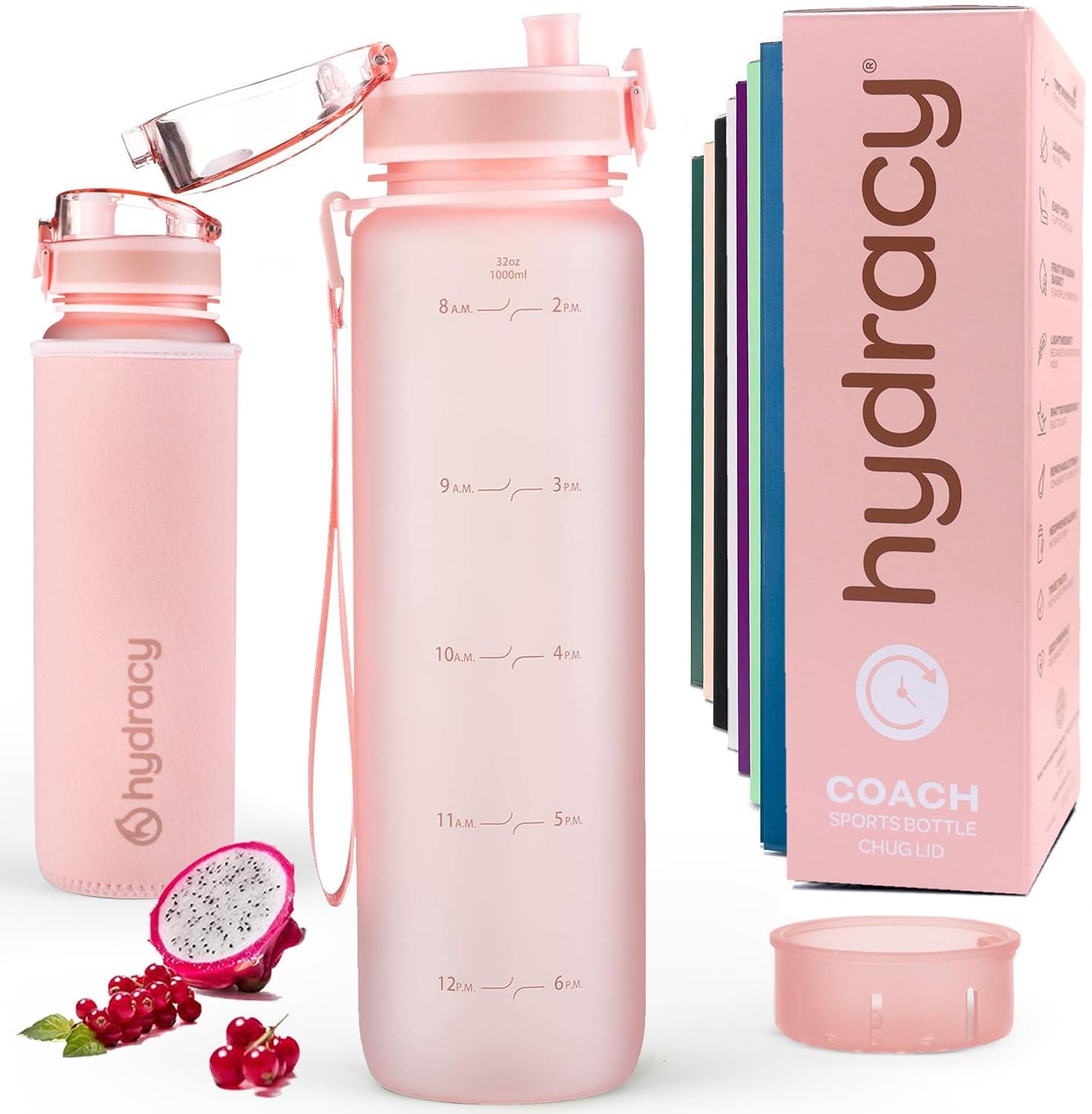 Hydracy Water Bottle with Time Marker -Large BPA Free Water Bottle & No Sweat Sleeve -Leak Proof Gym Bottle with Fruit Infuser Strainer & Times to Drink -Ideal for Fitness Sports & Outdoors
