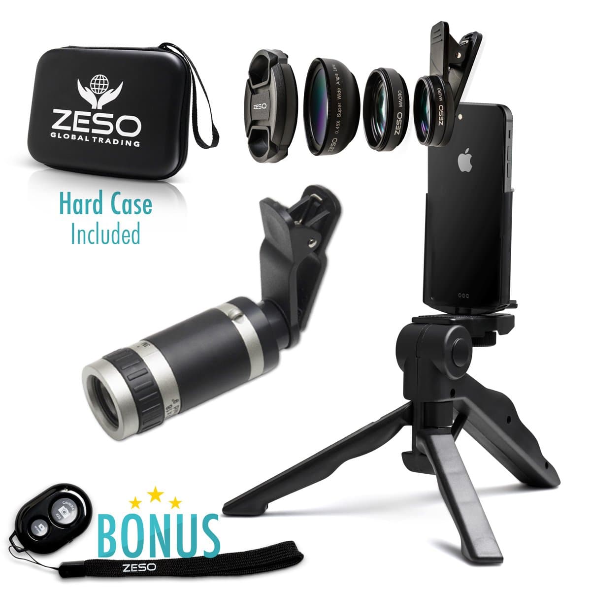 Camera Lens Kit by Zeso | Professional Telephoto, Macro & Wide Angle Lenses | Multi-use tripod And Selfie Remote Control | For iPhone, Samsung Galaxy, iPads, Tablets | Hard Case & Universal Phone Clip