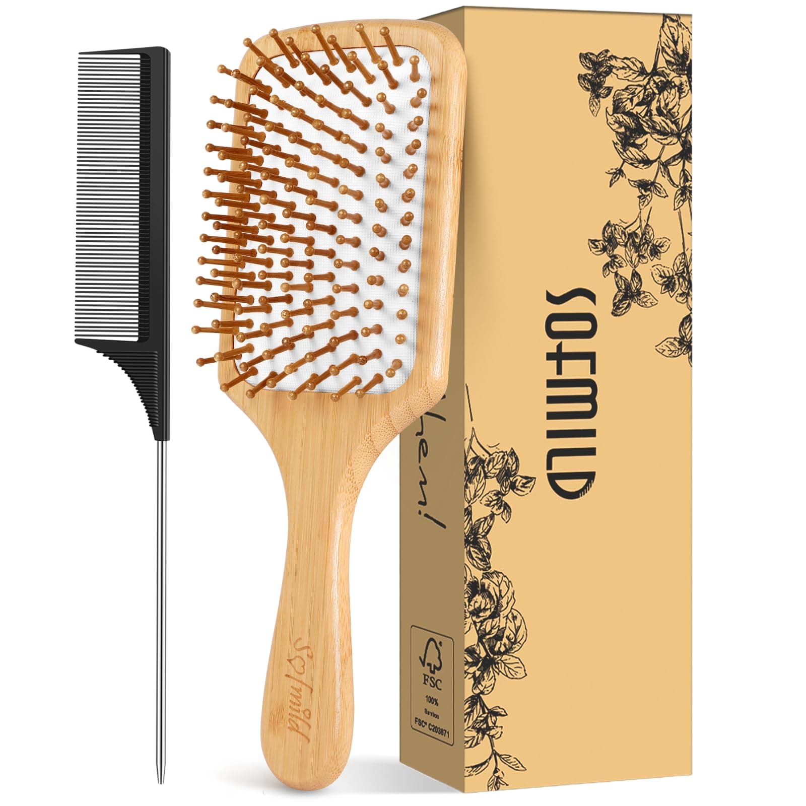 Hair Brush-Natural Wooden Bamboo Brush and Detangle Tail Comb, Paddle Hairbrush for Women Men and Kids Make Thin Long Curly Hair Health and Massage Scalp
