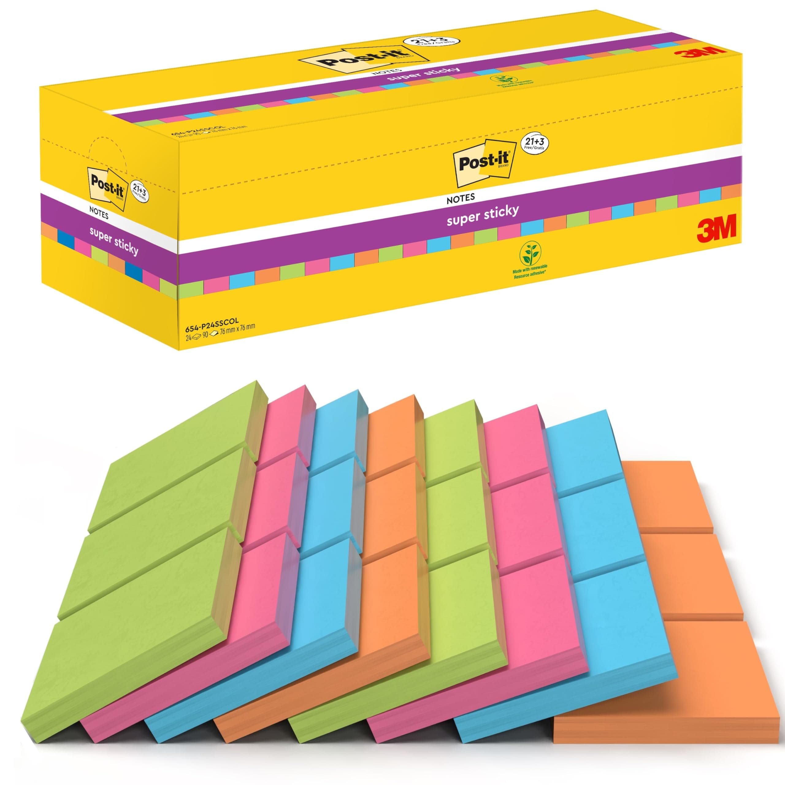 Super Sticky Notes, 2160 Sheets, Value Pack of 24 Pads, 76 mm x 76 mm - Holds Strong to Many Surfaces - Bright Colours - for Walls, Monitors and Fridge, Recycable