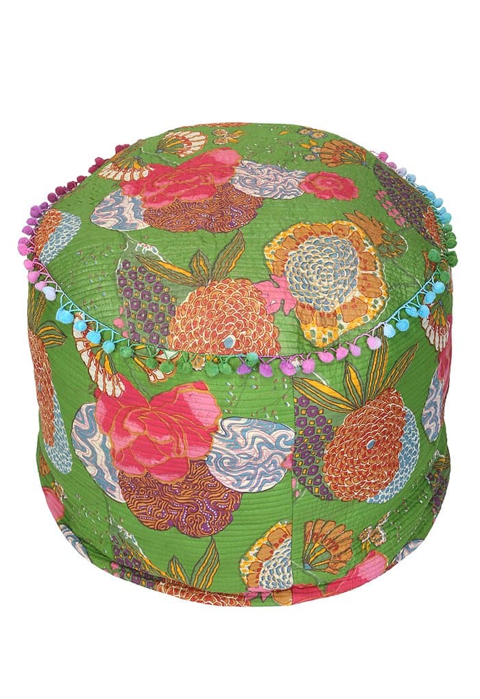 Cultural Round Green Ottoman Cotton Fruit Printed Pouf Cover For Decor By Rajrang