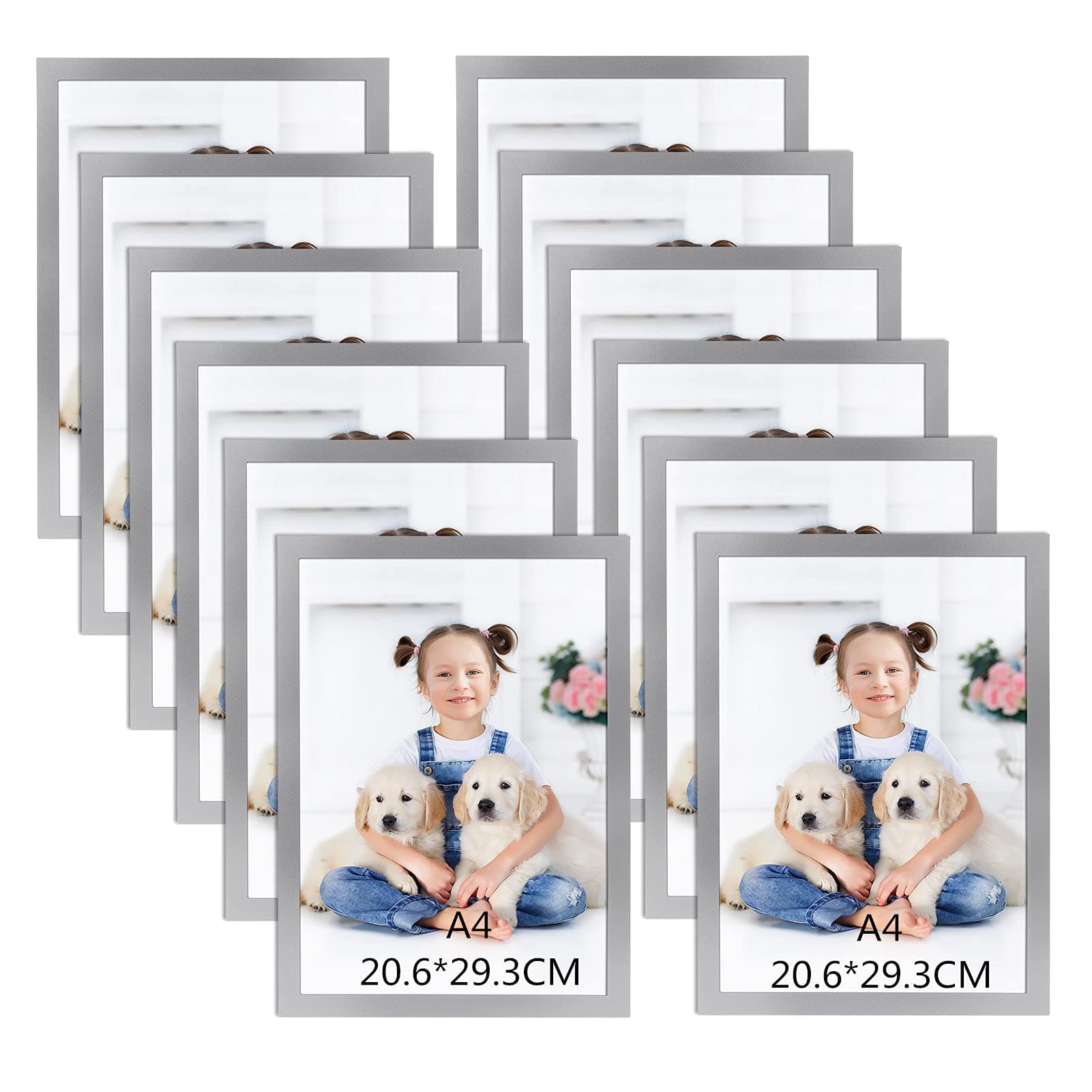 A4 Picture Frames Set of 12, Silver Magnetic Photo Frame with Self Adhesive Backing for Window, Tile Wall, Fridge, and Door - Perfect for Ads, Notices, Licenses, Prints, and Certificates