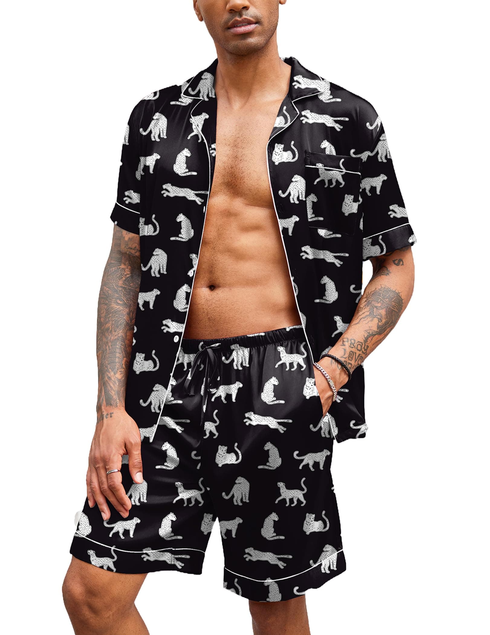 - Mens Satin Pajamas Set Button-Down Short Sleeve Shirt Top Soft Silk Sleepwear Shorts with Pockets