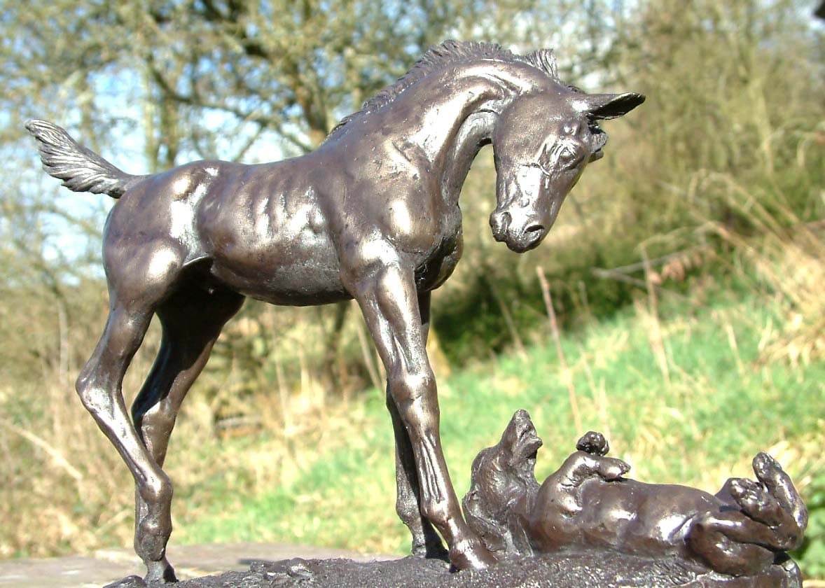 6112 'First Encounters' Stunning Foal & Dog Playing Scuplture by D Geenty in Cold Cast Bronze