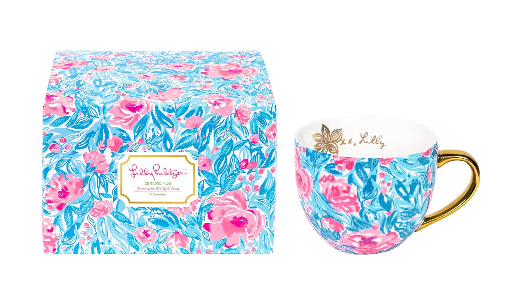 Lilly Pulitzer12 Ounce Floral Ceramic Coffee Mug or Tea Cup, Cute Mug with Gold Handle and Gift Box, My Little Peony