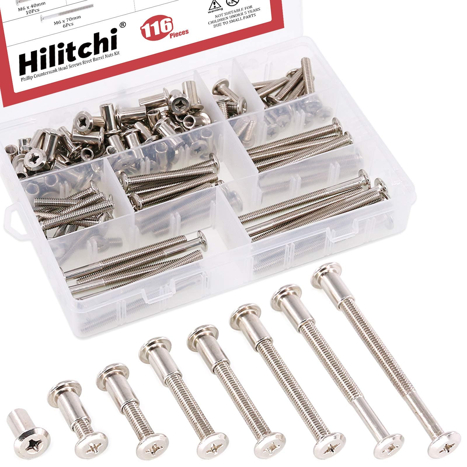 Hilitchi 116-Pcs M6 x 20/30 / 40/50 / 60/70 / 80mm Rivet Phillip Countersunk Head Screws Bolts Dowel Barrel Nuts Assortment Kit for Furniture Hardware Fitting