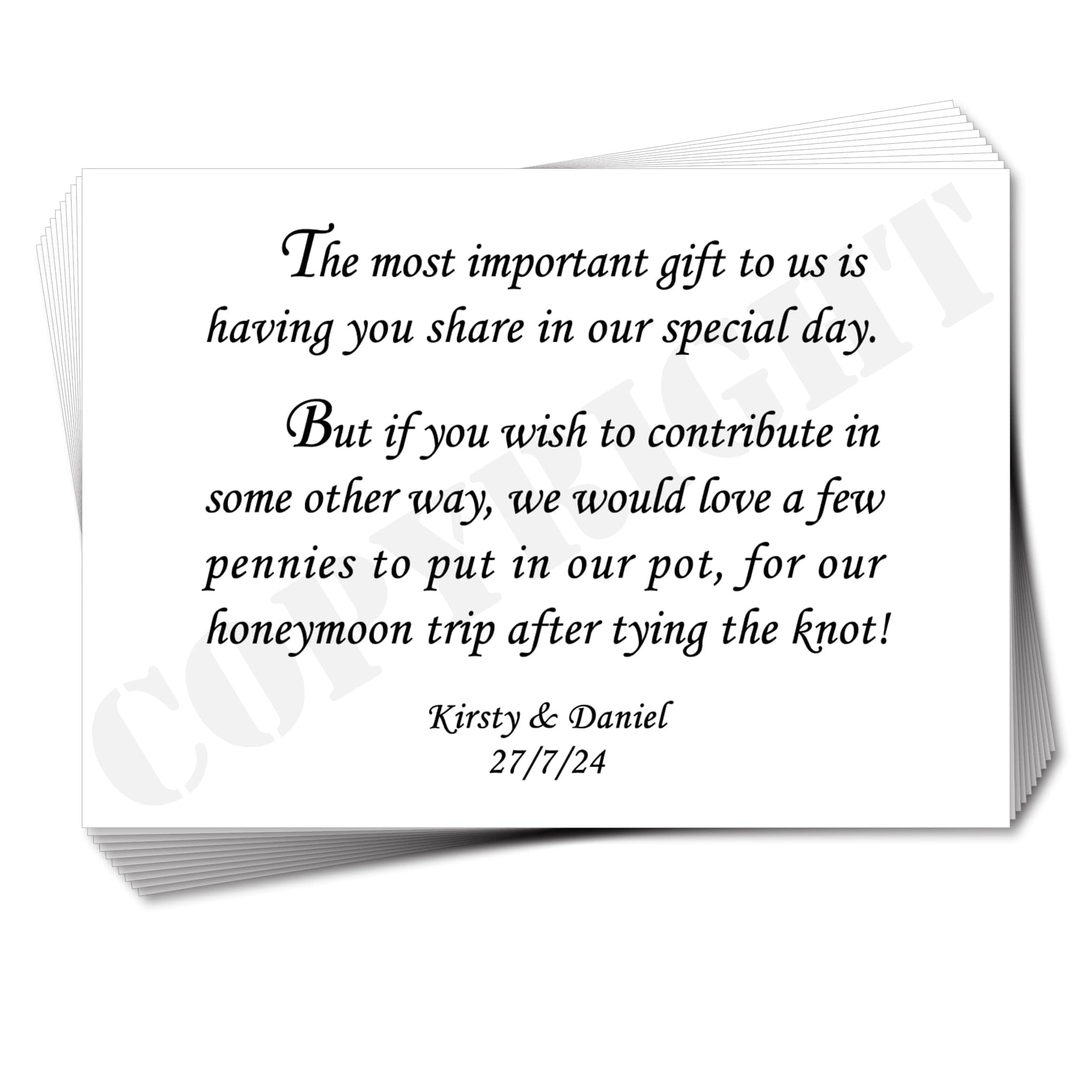 10 x Personalised Wedding Birthday money wish gift poem Cards A7