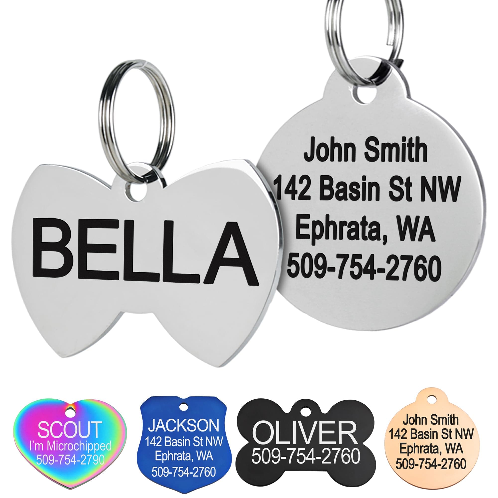 GoTags Stainless Steel Pet ID Tags, Personalized Dog Tags and Cat Tags, up to 8 Lines of Custom Text, Engraved on Both Sides, in Bone, Round, Heart, Bowtie and More (Bow Tie, Regular (Pack of 1))