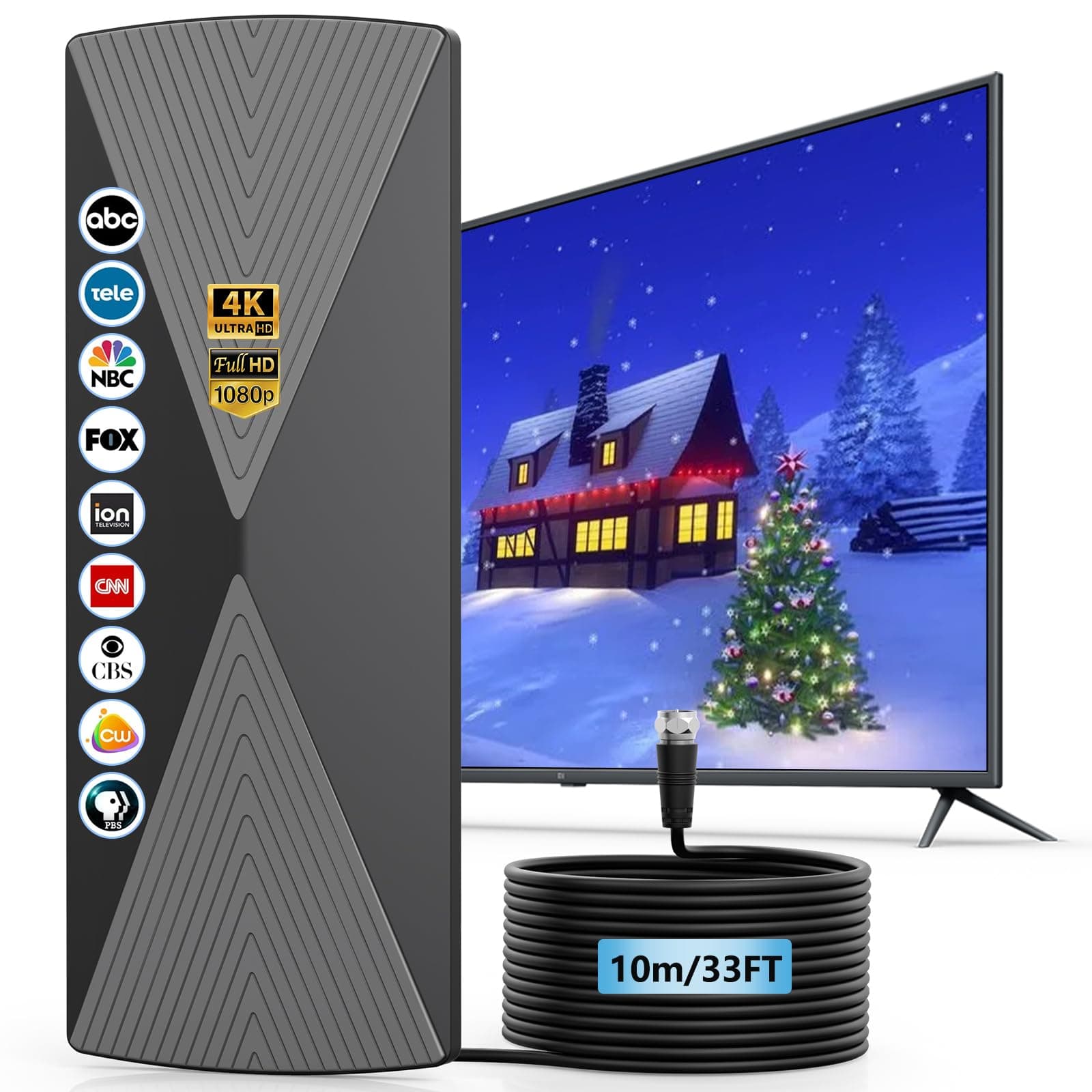 TV Antenna Indoor, 2025 Long Range Antenna for Smart TV with Amplifier Signal Booster for Local Channels,Digital inddor Antenna for All Older TV's-Supports 4K 1080p -33ft Long Cables