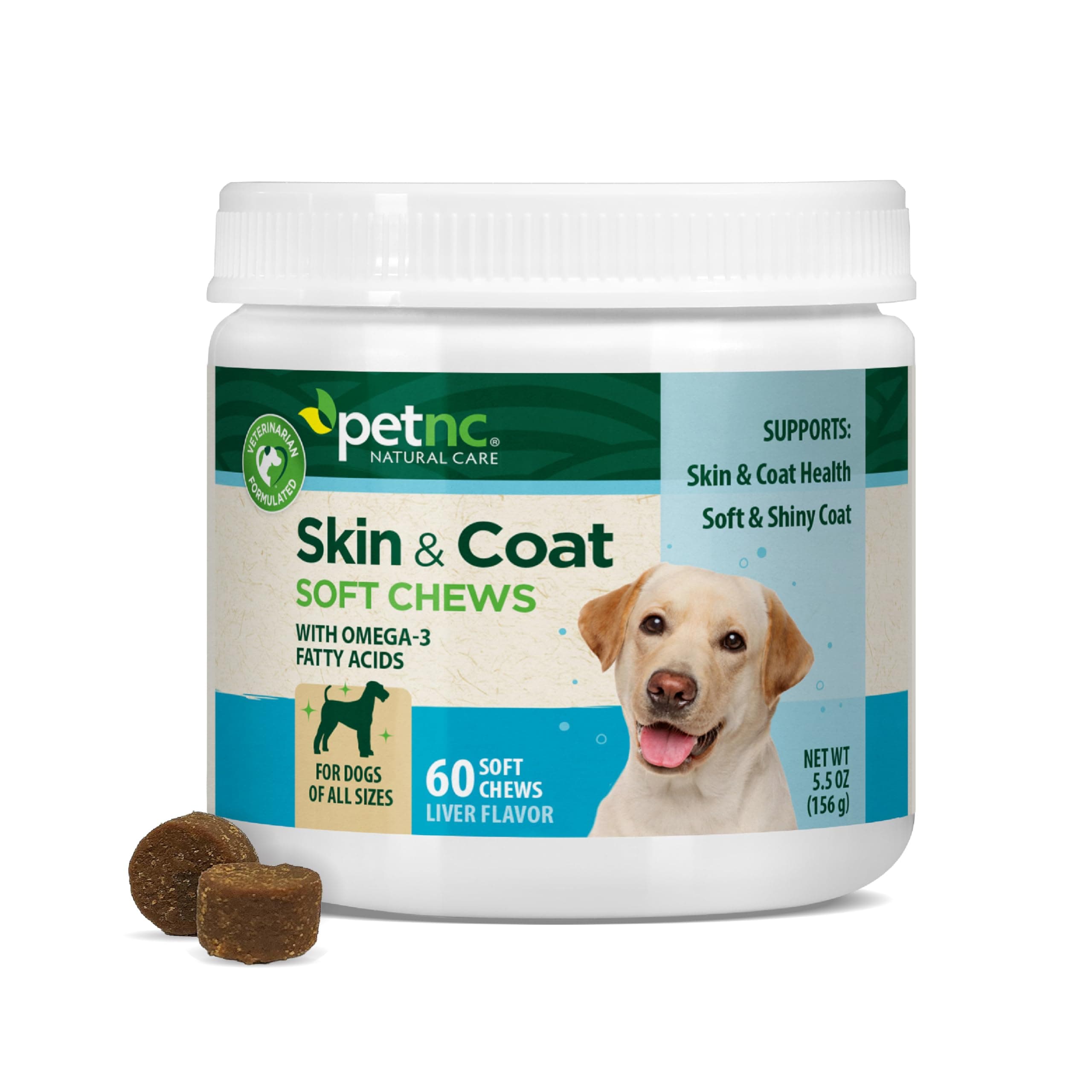 Petnc Natural Care Dog Skin and Coat Supplement (60 Chewables), With Omega 3, EPA & DHA, Promotes Healthy Skin & Glossy Coat, For Dogs 18 Weeks & Older, Liver Flavor