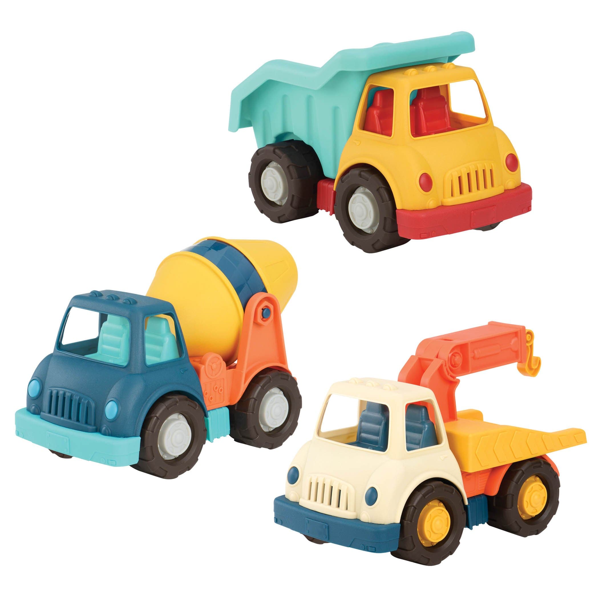 BattatWonder Wheels – 3 Pieces Toy Truck Set – Dump, Tow Cement– Toy Construction Vehicles – Recyclable Materials – 1 year +, Yellow