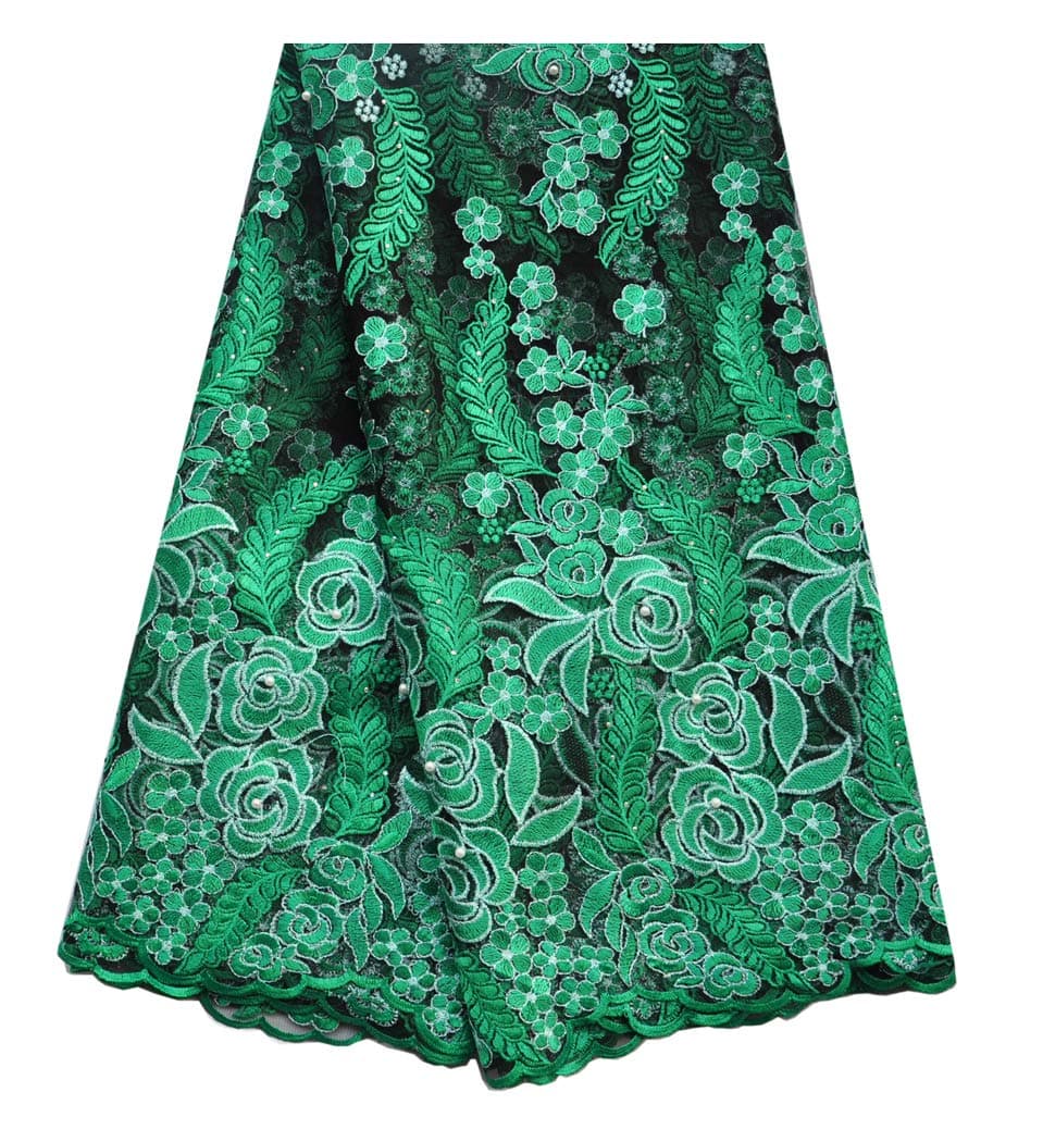 SanVera17 African Lace Net Fabrics Nigerian French Fabric Rope Embroidered and Manual Beading Guipure Cord Lace for Party Wedding 5 Yards (Green)