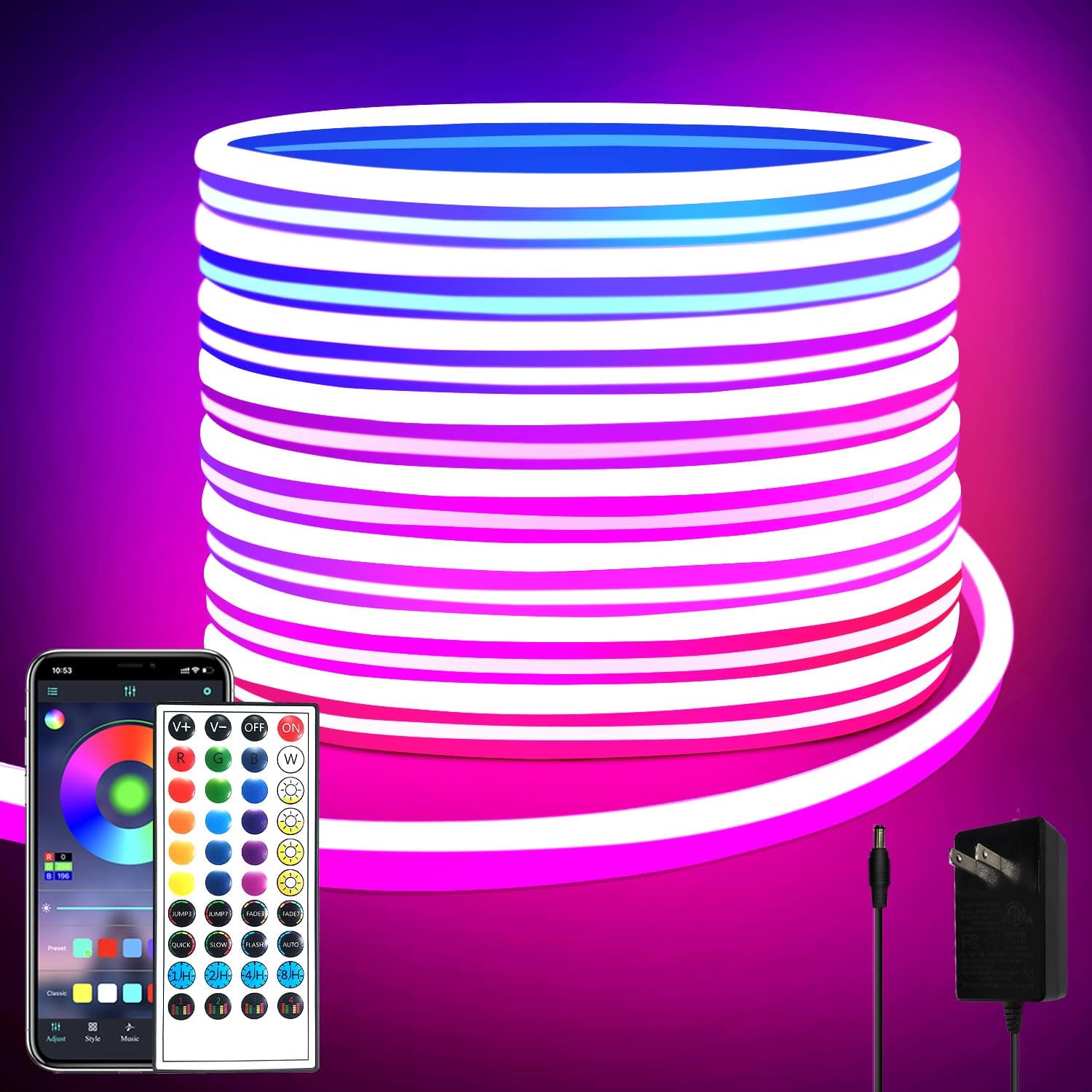 segrass - 33.8ft LED Neon Lights with IP65 APP Remote Control, Waterproof, Flexible, 24V RGB LED Neon Lights, Neon Rope for Bedroom Room Outdoor Decor