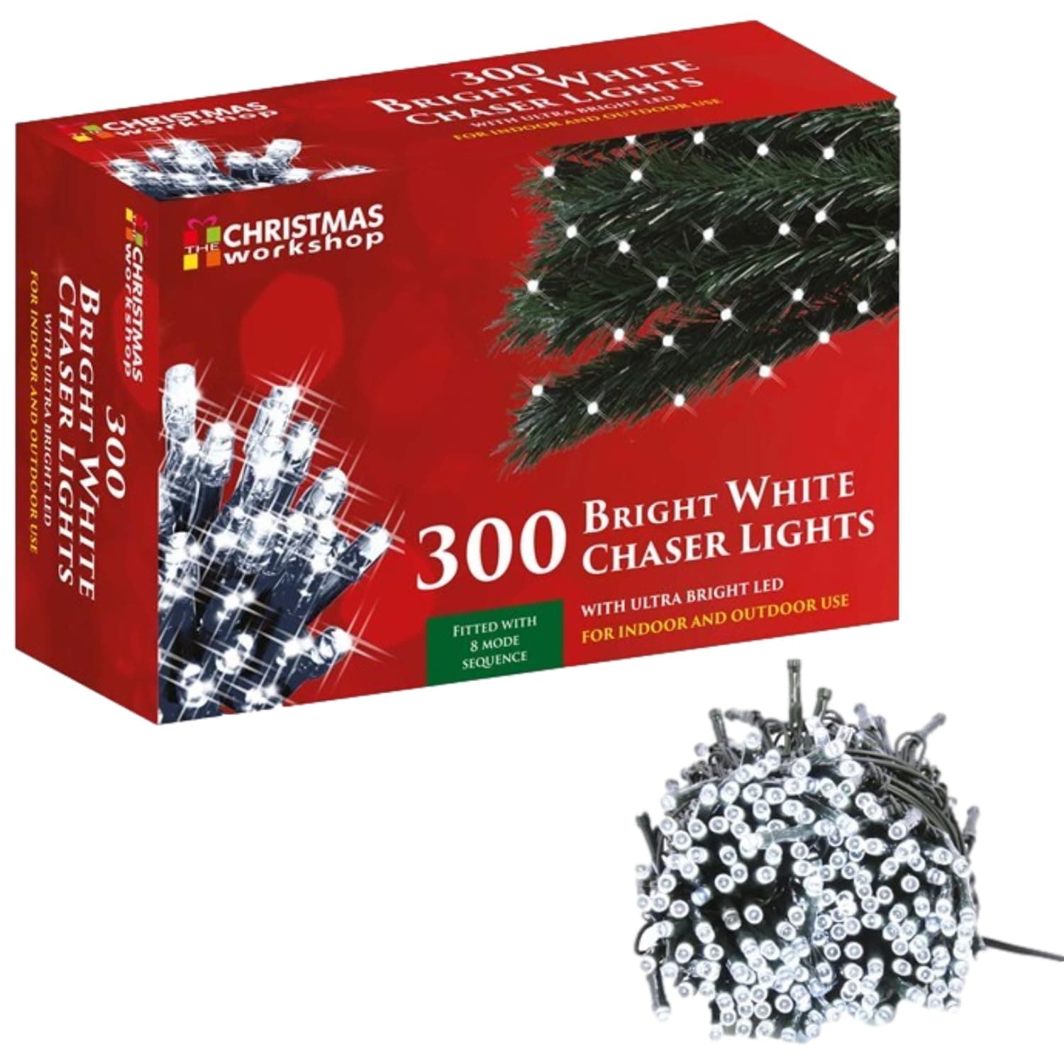 The Christmas Workshop 77650 300 Bright White LED Chaser Christmas Lights/Indoor or Outdoor Fairy Lights / 20.9 Metres / 8 Light Modes/Great for Christmas, Weddings & Gardens