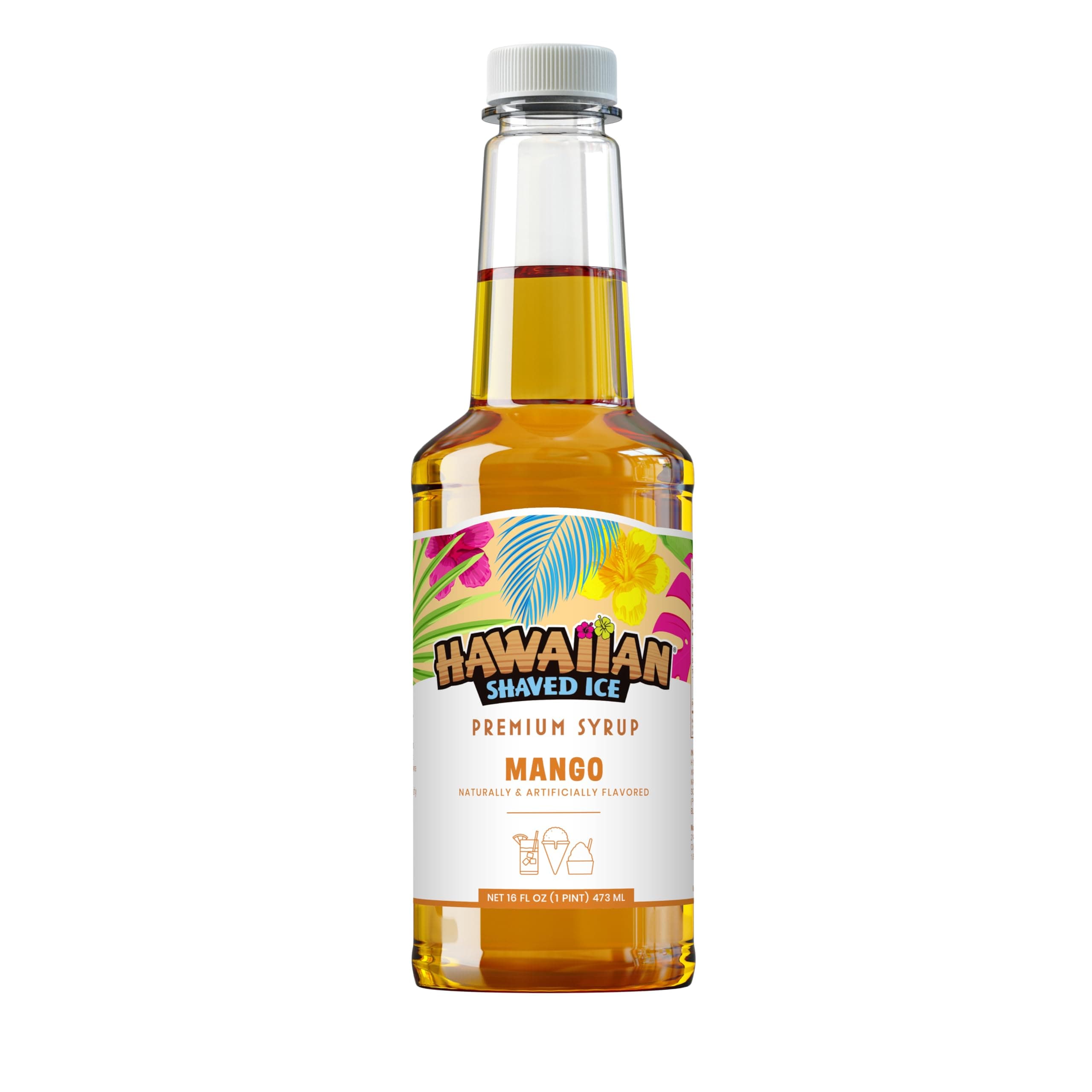 Hawaiian Shaved Ice Mango Syrup - Nut Soy Dairy Free - Flavor Fluffy & Crunchy Snow Cones - Shelf Stable - Makes 8 Servings - 16 ounces