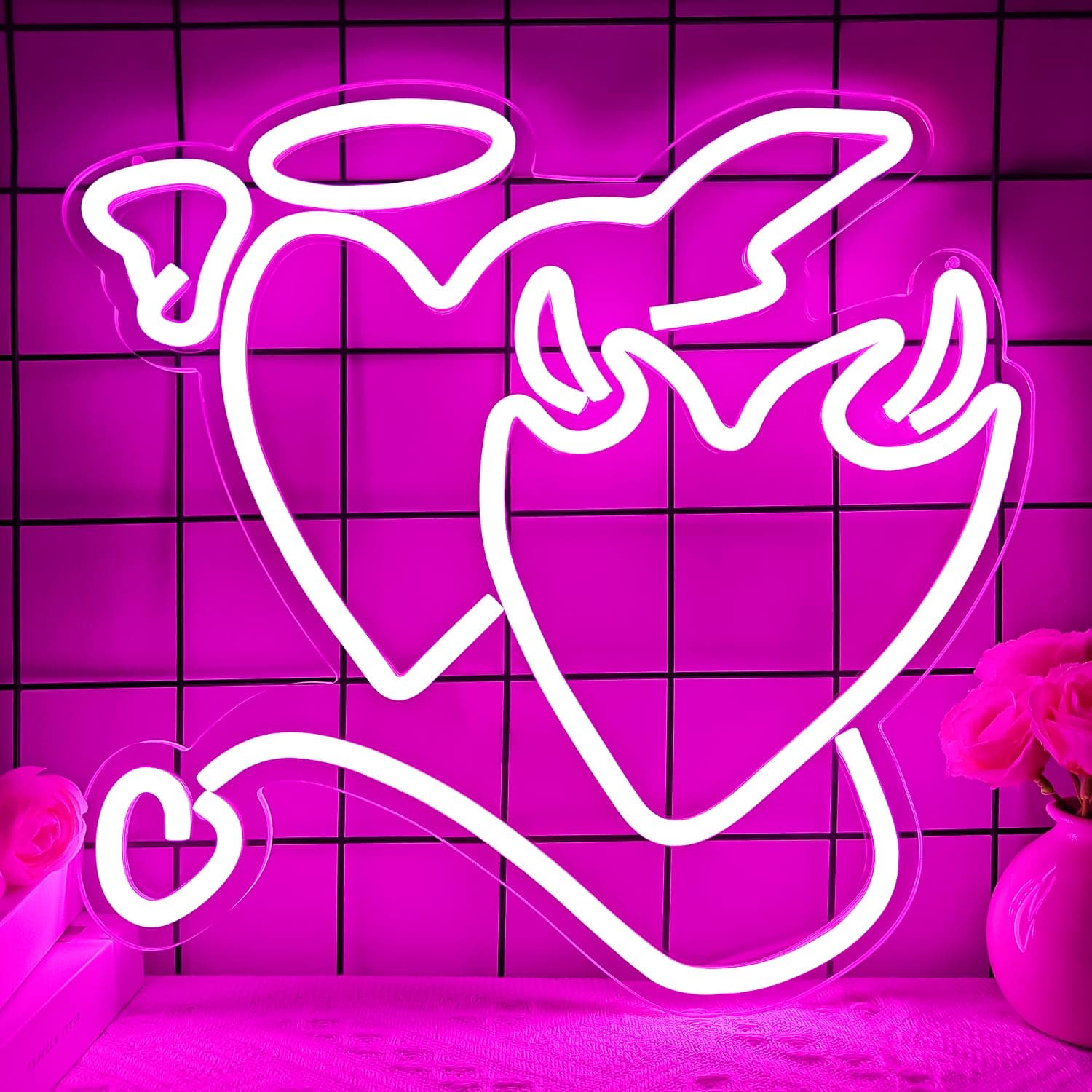 Angel Devil Neon Signs Pink Heart Led Sign for Bedroom 14''x13’’ Acrylic Love...