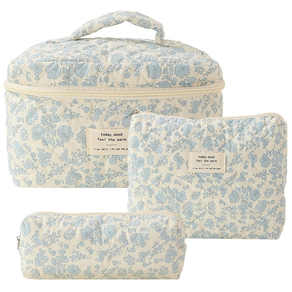 3Pcs Coquette Makeup Bag - Quilted Cosmetic Bag Large Make Up Bag Set Aesthetic Floral Toiletry Bag Cotton Travel Skincare Bag for Women Ladies Girls (Style B1)