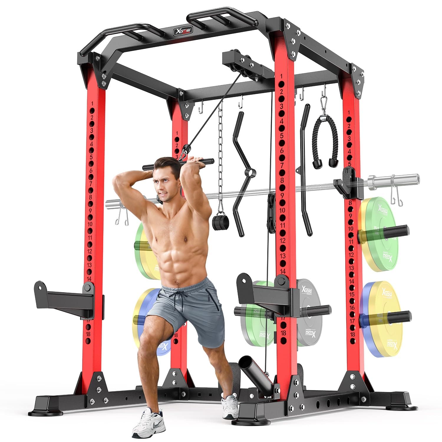 Power Cage Multi-Function Power Rack with Cable Crossover System,1800 LBS Capacity Squat Rack with Weight Bench,for Home Gym