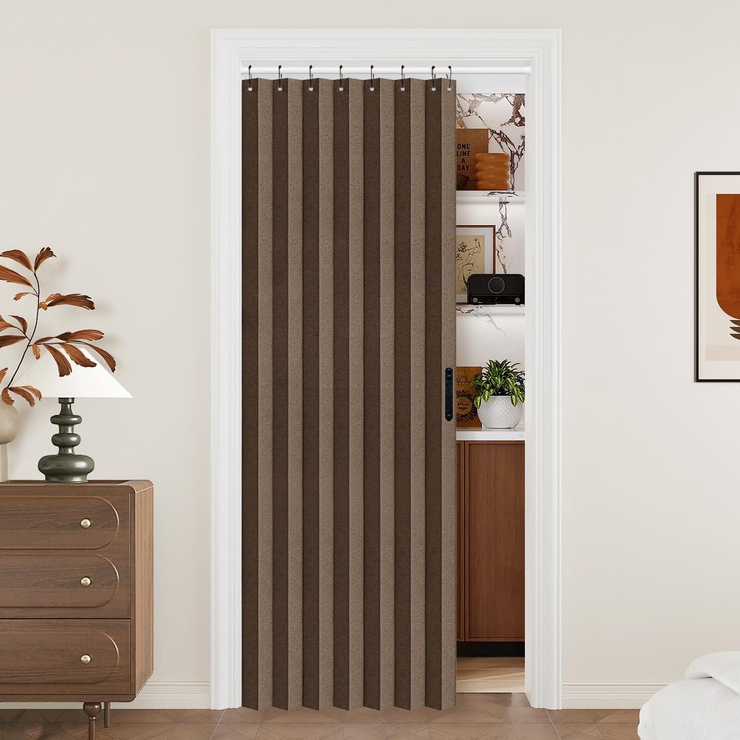 Vatge Pleated Curtain for Open or Folding Closets, Accordion Door Curtains, 1 Panel with Tiebacks, 99 x 198cm (WxH), Beige
