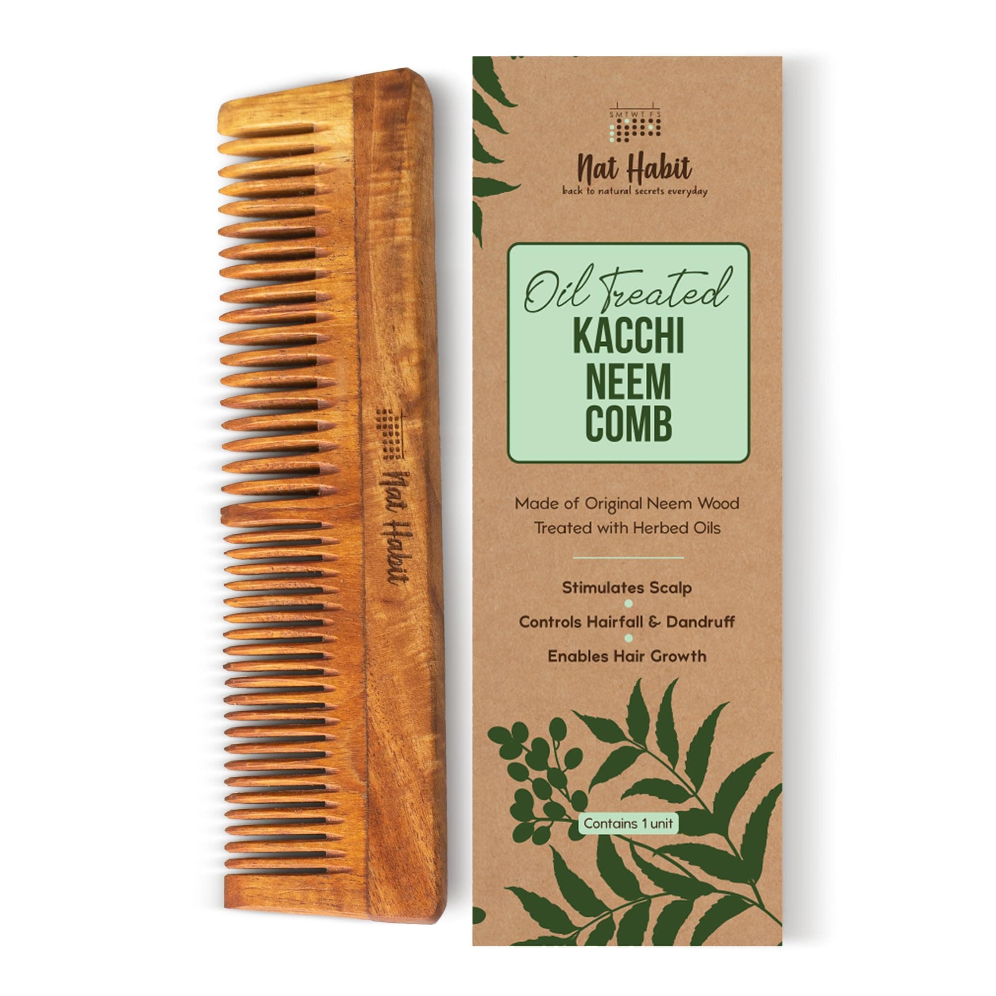 - Kacchi Neem Wooden Comb, Soaked In 17 Herbs Neem & Sesame Oil For Multi-Actions - Detangling, Frizz Control & Shine,Suited For All Hair Types (Dual Tooth)