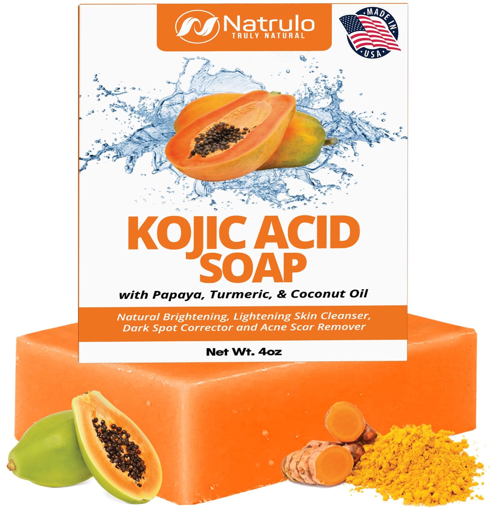 Kojic Acid Soap for Hyperpigmentation – Kojic Turmeric Papaya Soap for Skin Brightening – Dark Spot Reduces Acne, Cleanse Scars & Evens Tone – Kojic Acid Body Wash Made in USA, for All Skin Types