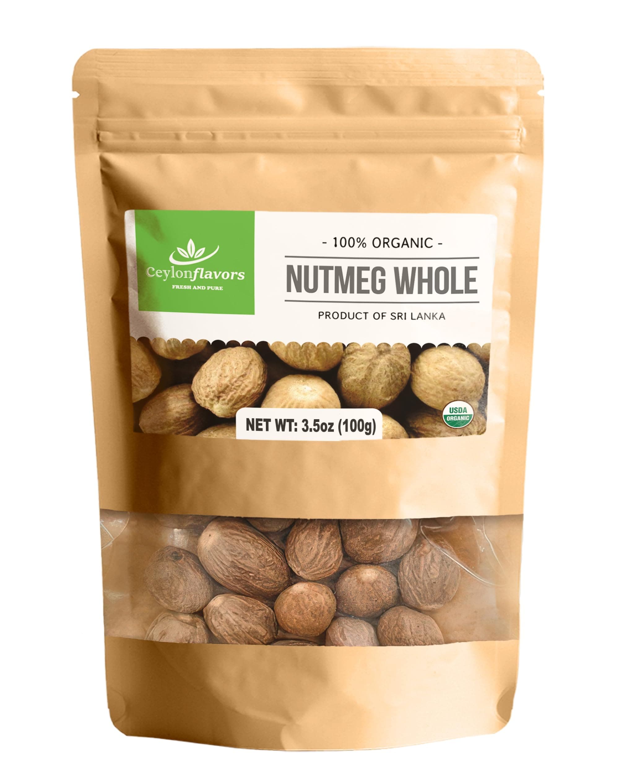 CEYLONFLAVORS FRESH AND PURE Organic Whole Nutmeg (3.5 oz), Premium Grade, Harvested & Packed from a USDA Certified Organic Farm in Sri Lanka (Stand up resealable Pouch)