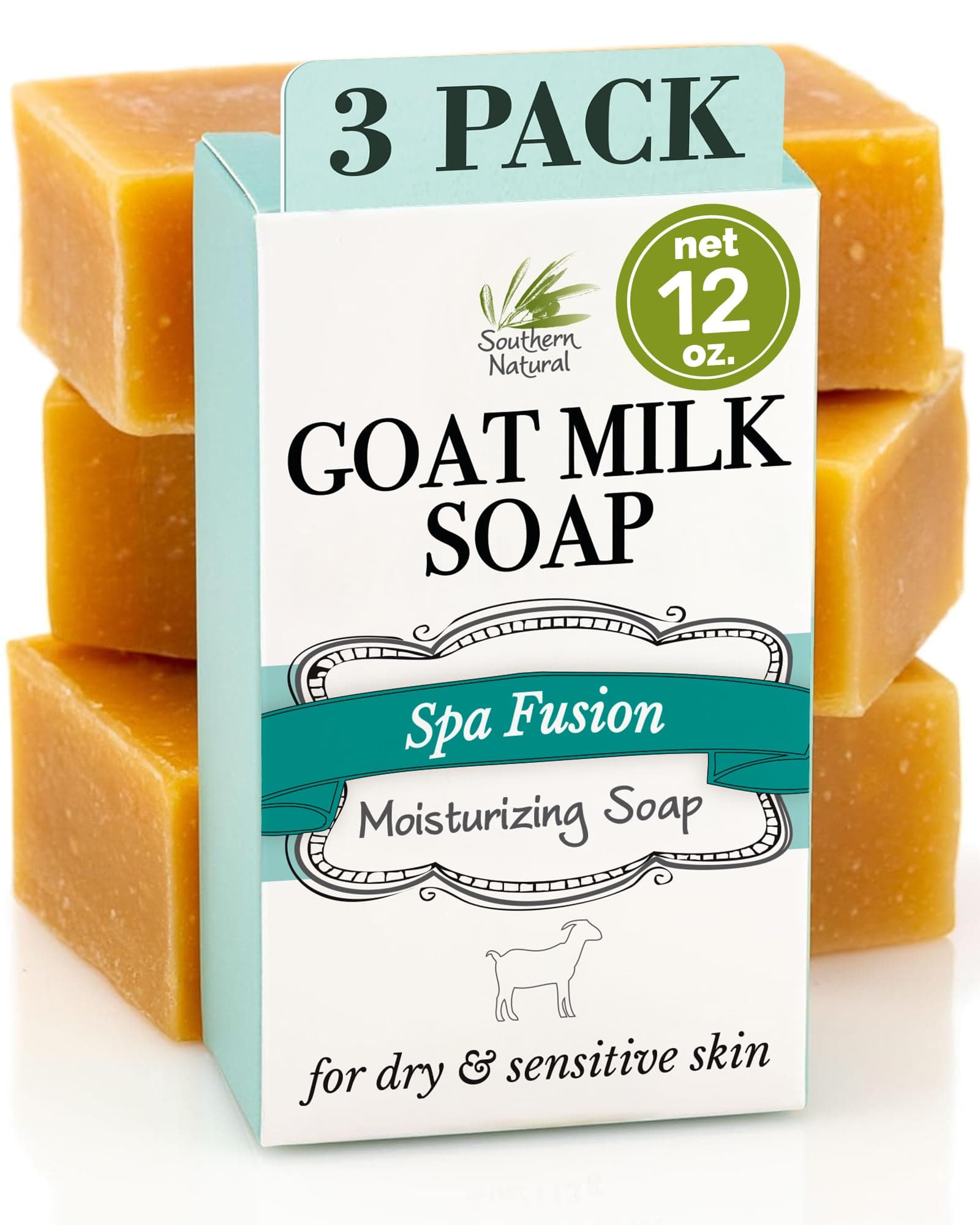 Southern Natural Goat Milk Soap Bar - 3 Pack Essential Oil Blend - For Dry Sensitive Skin. Natural Handmade Face & Body Soap For Men & Women. (Net 12 oz)