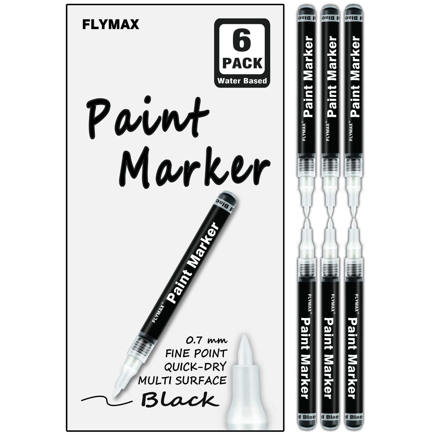 Black Paint Pen, 6 Pack 0.7mm Acrylic Black Permanent Marker for Glass Ceramic Rock Leather Plastic Stone Metal Canvas Enamel Waterproof Writing Extra Fine Point